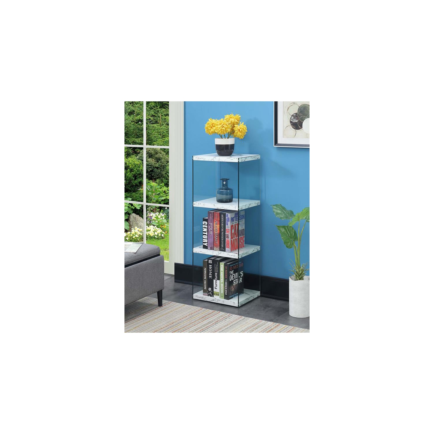 Pemberly Row Four-Tier Bookcase in White Fuax Marble Wood and Clear Glass