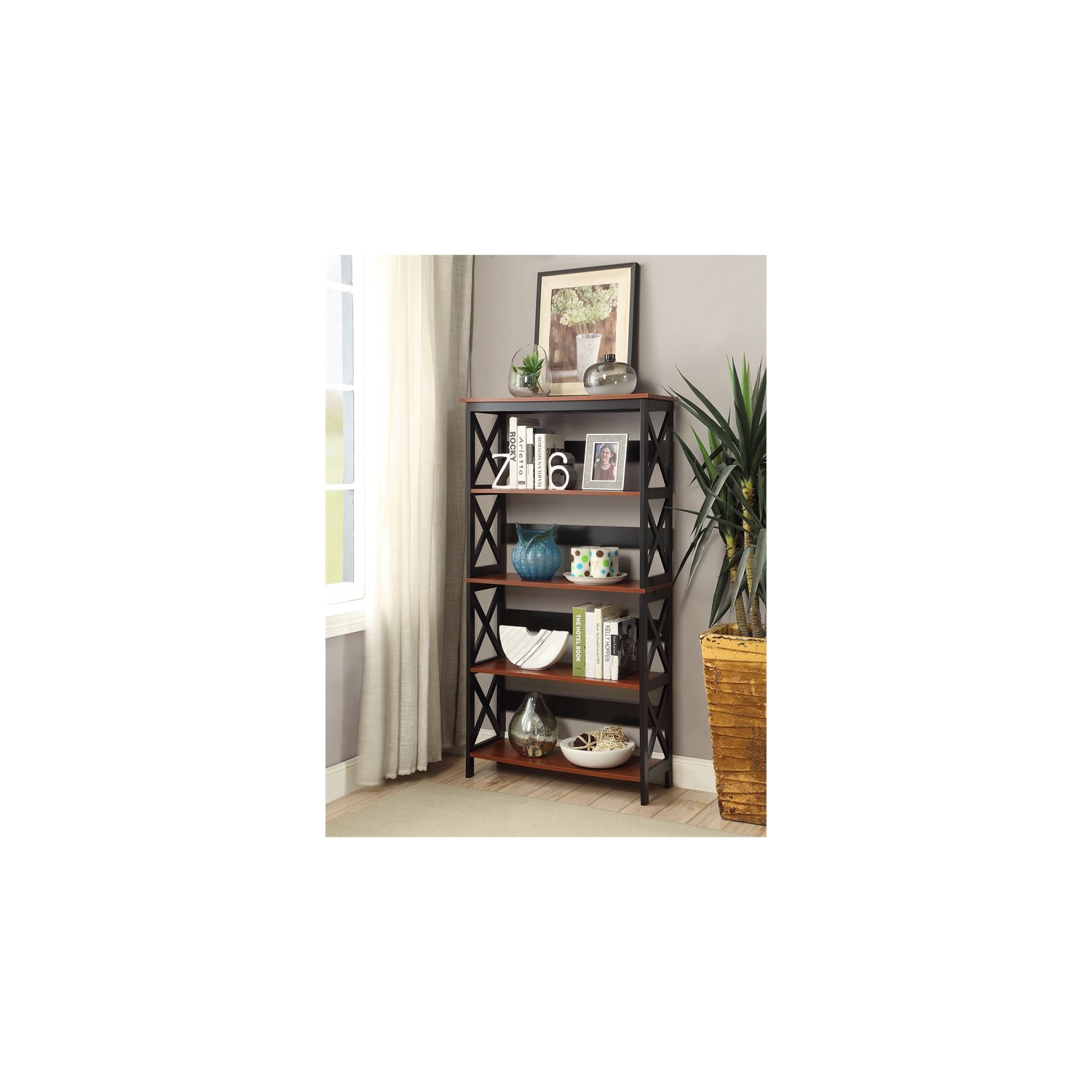 Convenience Concepts Oxford Five-Tier Bookcase in Cherry and Black Wood Finish