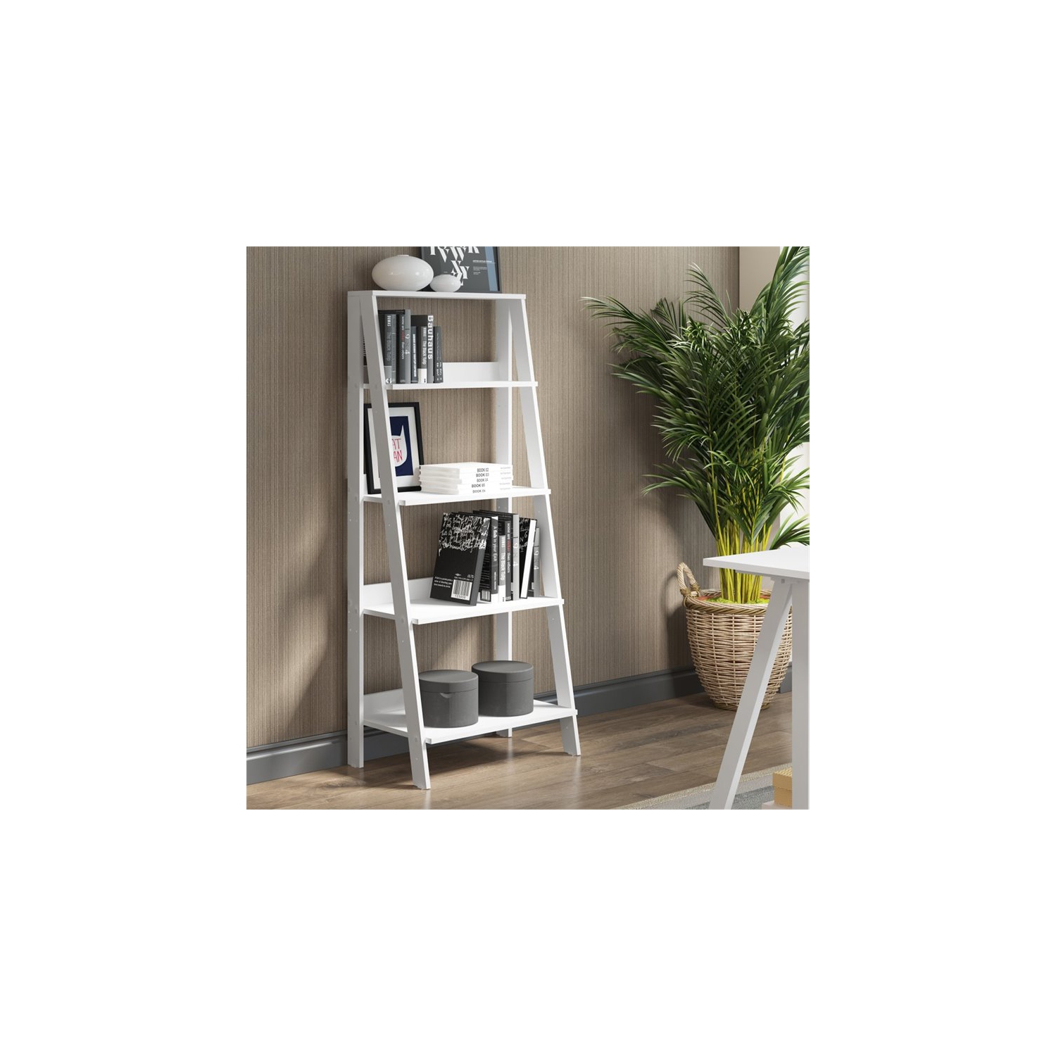 Pemberly Row 4-Shelf Wood Ladder Bookcase in White