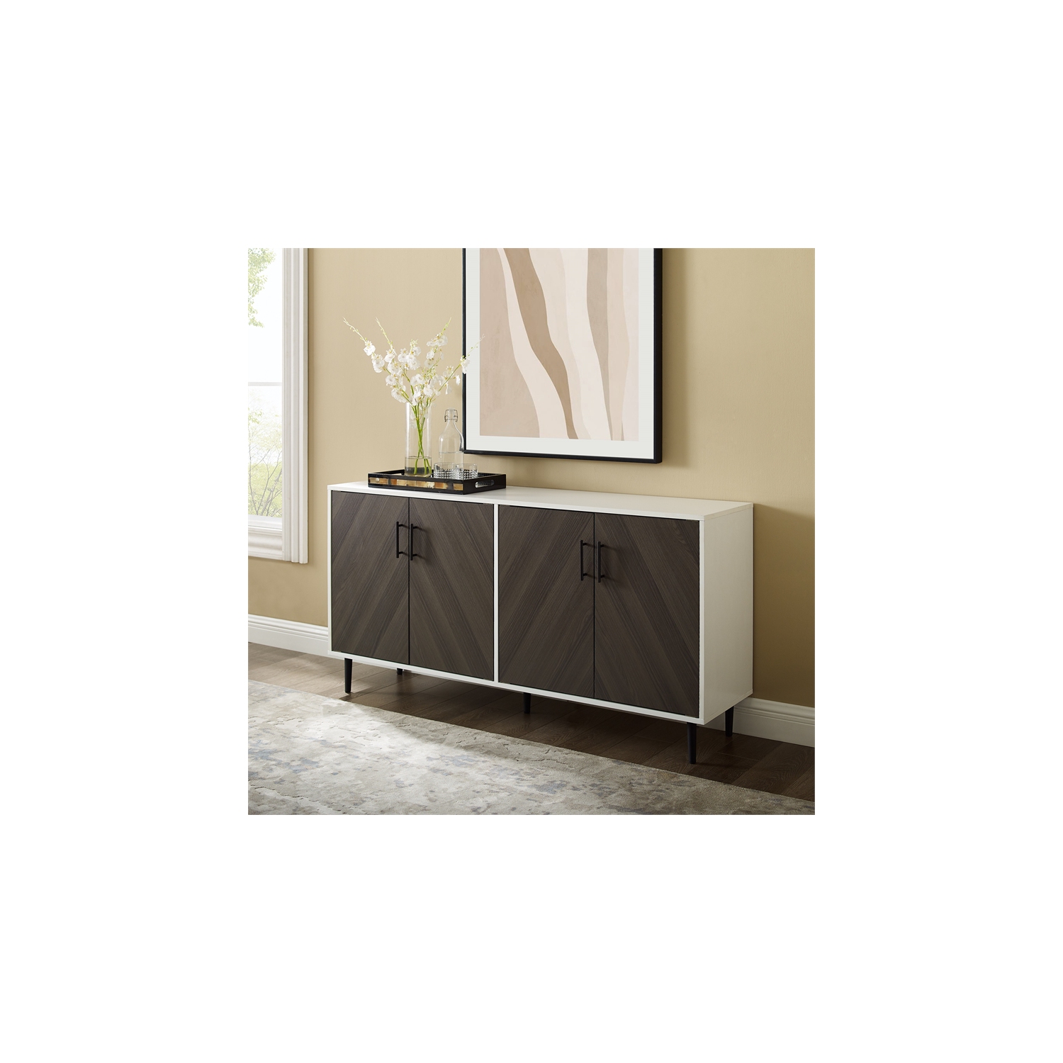 Pemberly Row 58" Mid Century Modern Faux Bookmatch TV Stand in Brown and White