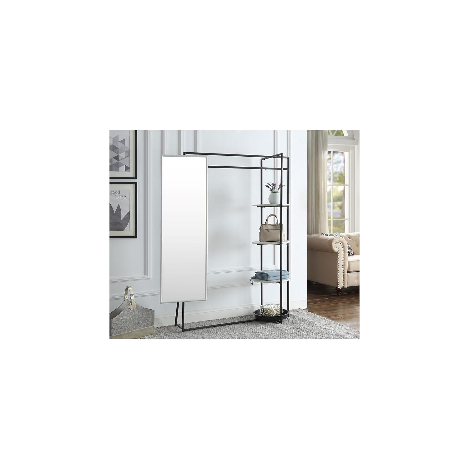 Furniture of America Jovie Industrial Metal Coat Stand with Mirror in White