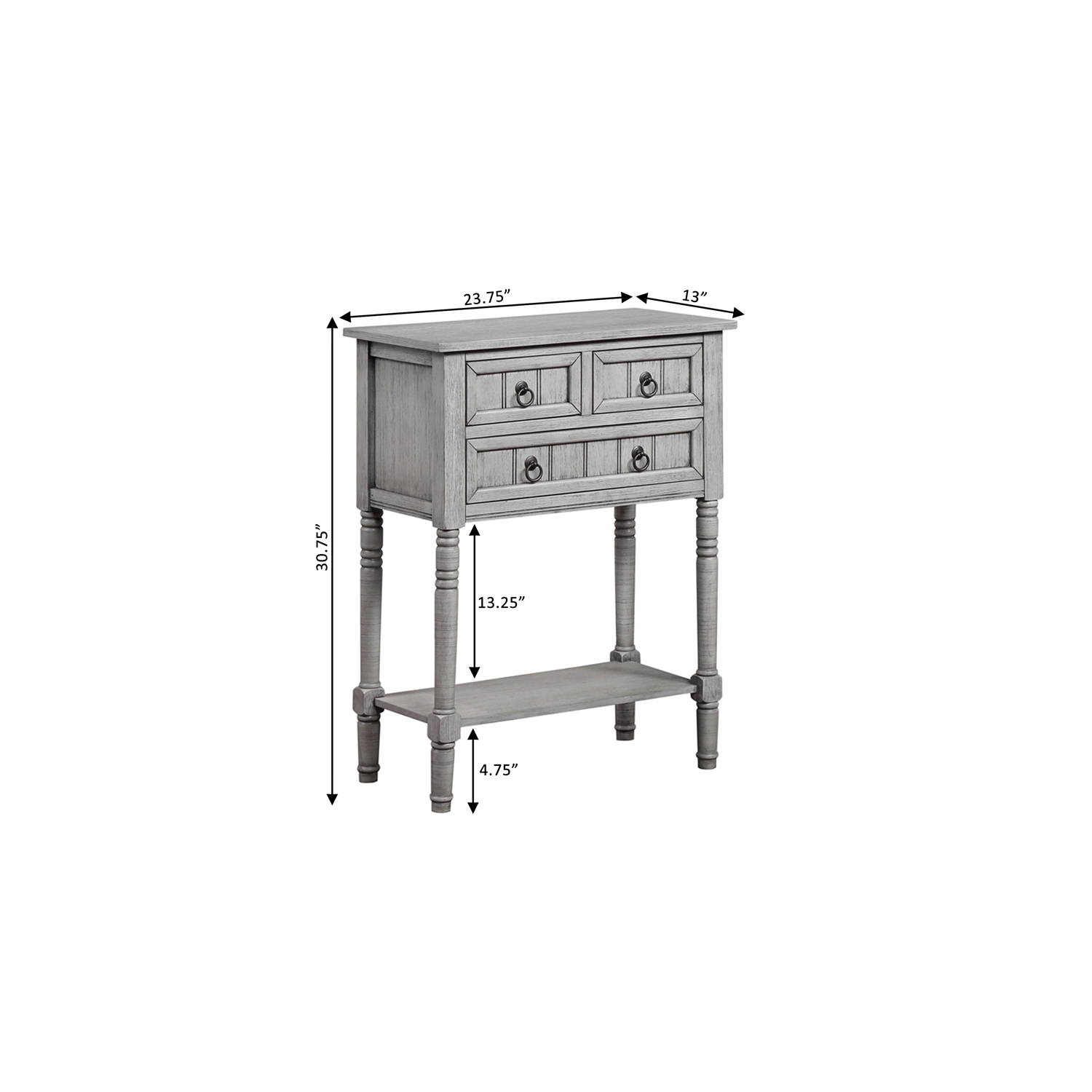 Table d’entrée à trois tiroirs Kendra avec tablette au fini bois gris