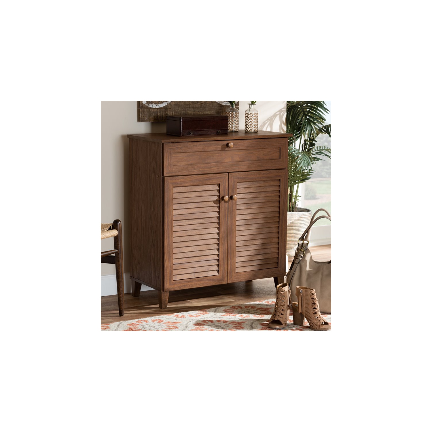 Bowery Hill Contemporary Wood 4-Shelf and Drawer Shoe Cabinet in Walnut Brown