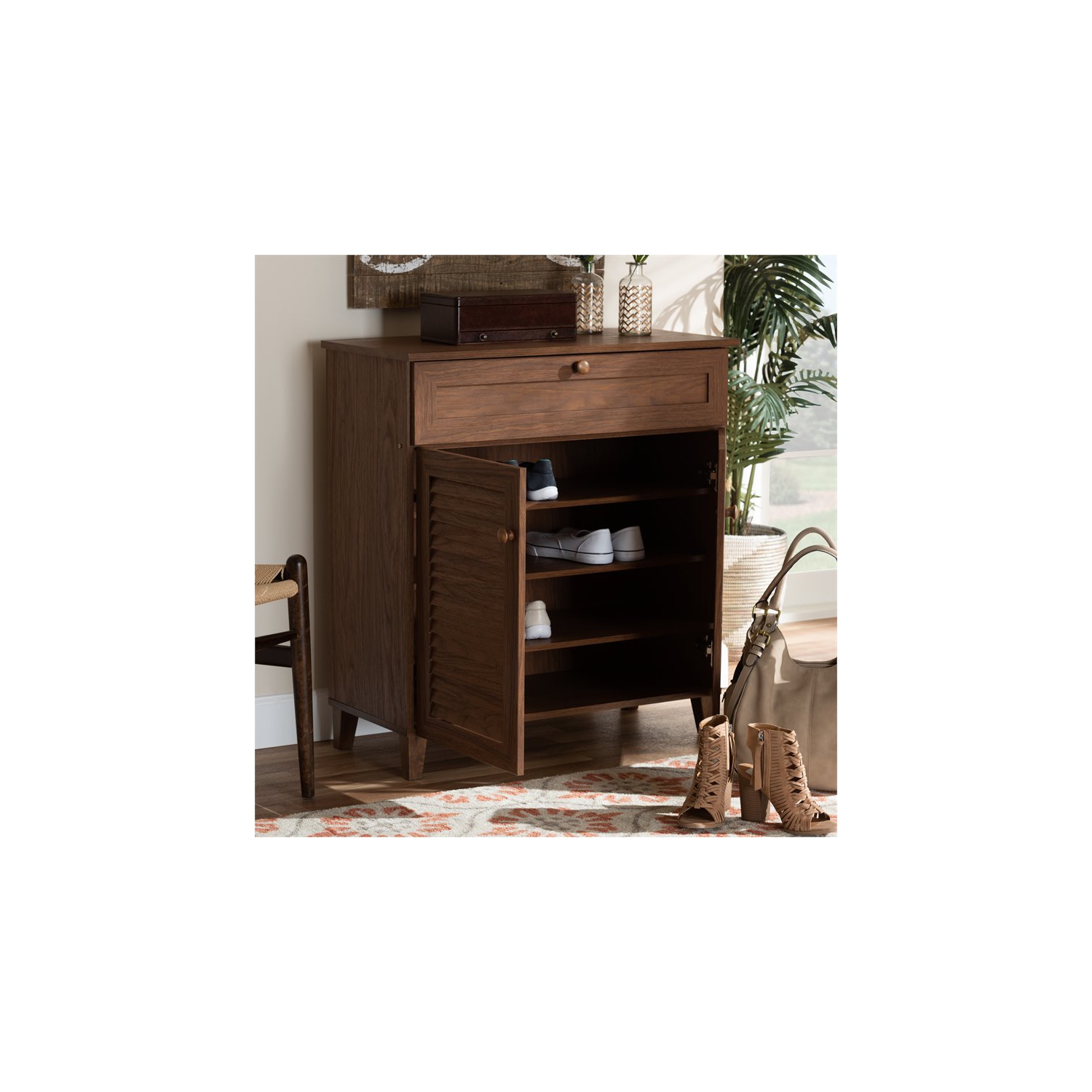 Bowery Hill Contemporary Wood 4-Shelf and Drawer Shoe Cabinet in Walnut Brown