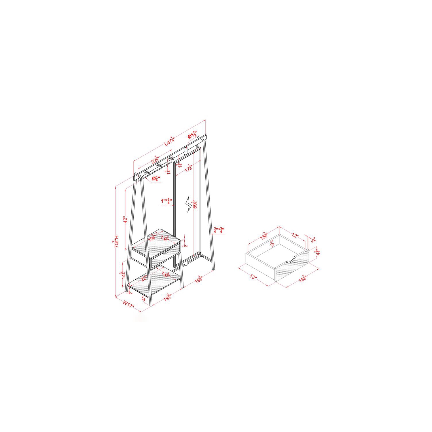 Furniture of America Loeff Metal Coat Stand with Mirror in Matte Black