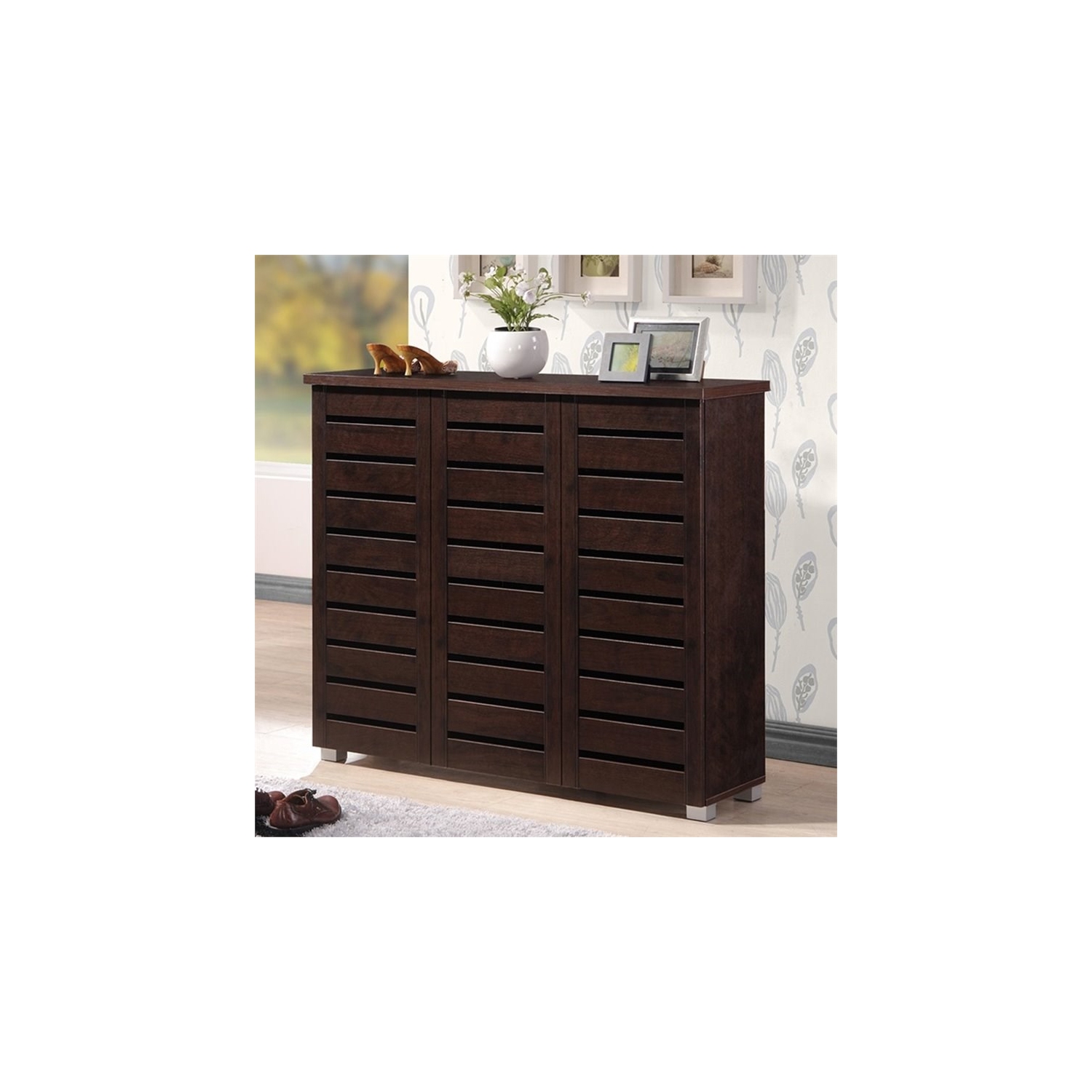 Bowery Hill Modern Wood 3 Door Shoe Cabinet in Dark Brown Finish