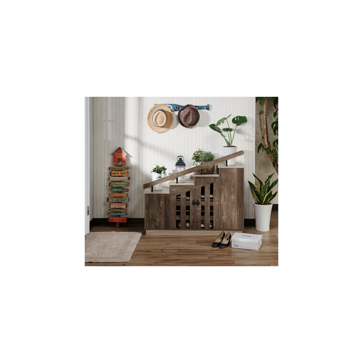 Furniture of America Barstead Wood Staircase Shoe Cabinet in Reclaimed Oak