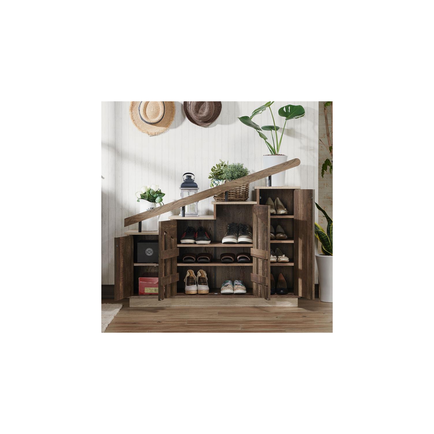 Furniture of America Barstead Wood Staircase Shoe Cabinet in Reclaimed Oak