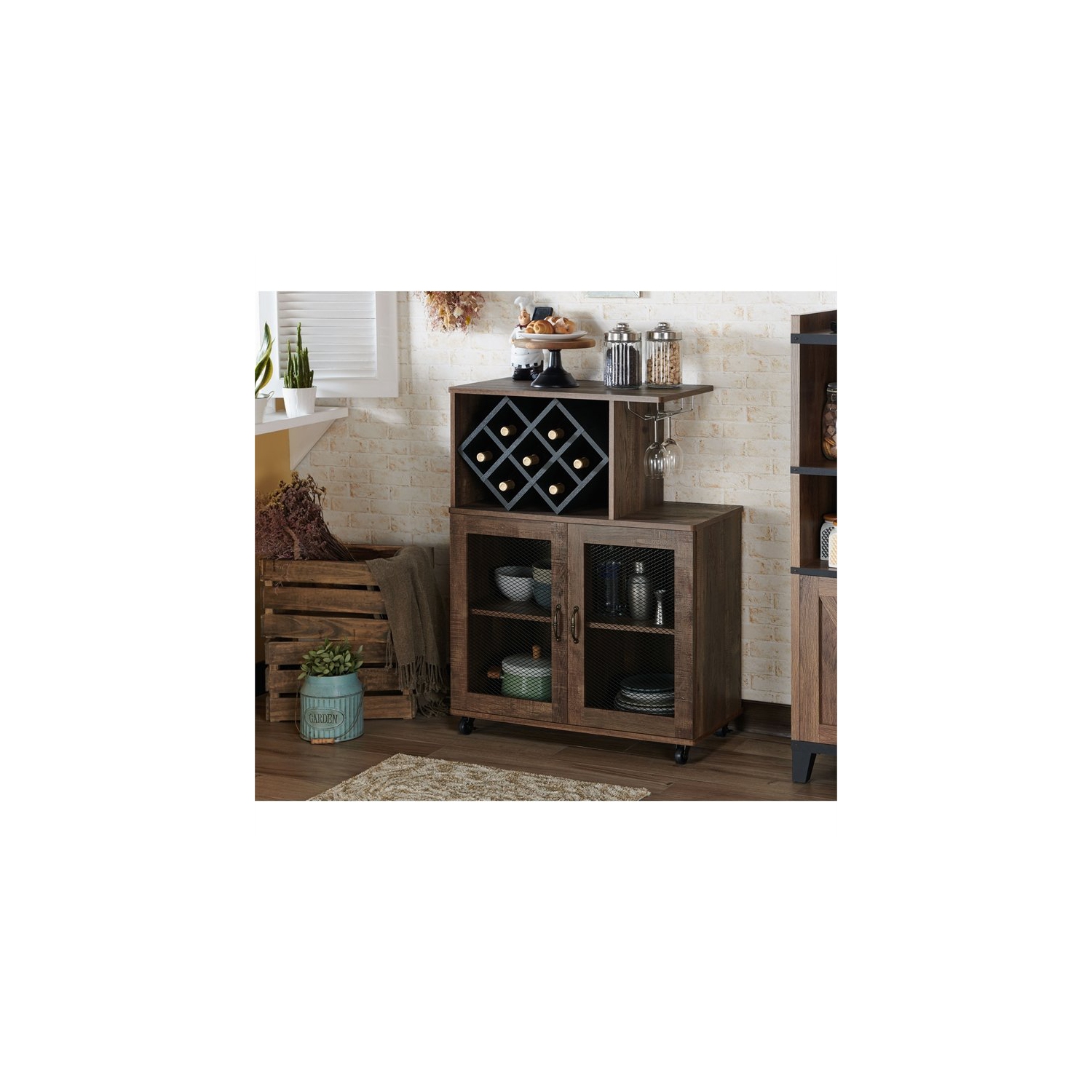 Mini-barre en bois rustique à 4 tablettes Codex de Furniture of America en chêne récupéré