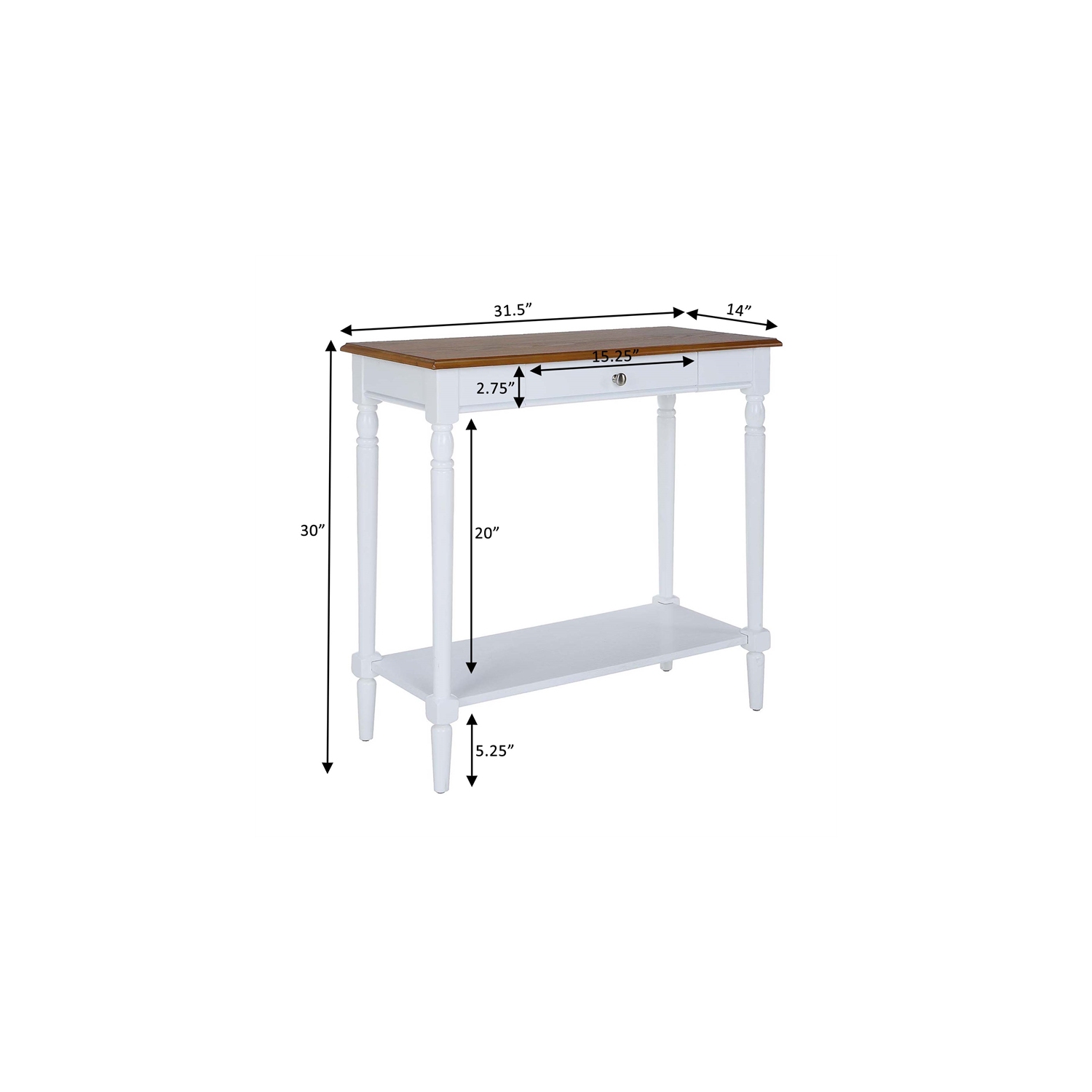 Table d’entrée à un tiroir avec tablette au fini bois blanc de French Country