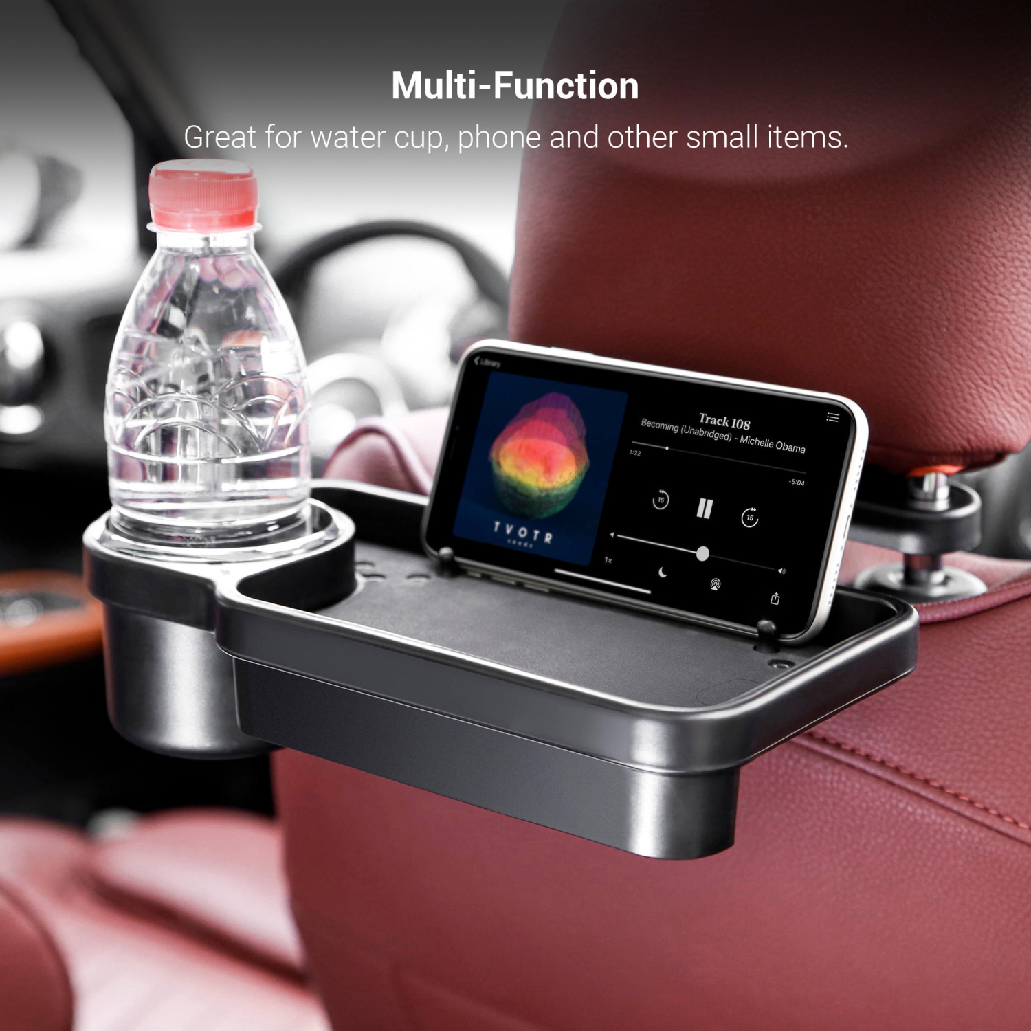 Plateau d'appui-tête de voiture pliable multifonction avec porte-gobelet pour nourriture, collations, clés, téléphone, noir - PrimeCables®