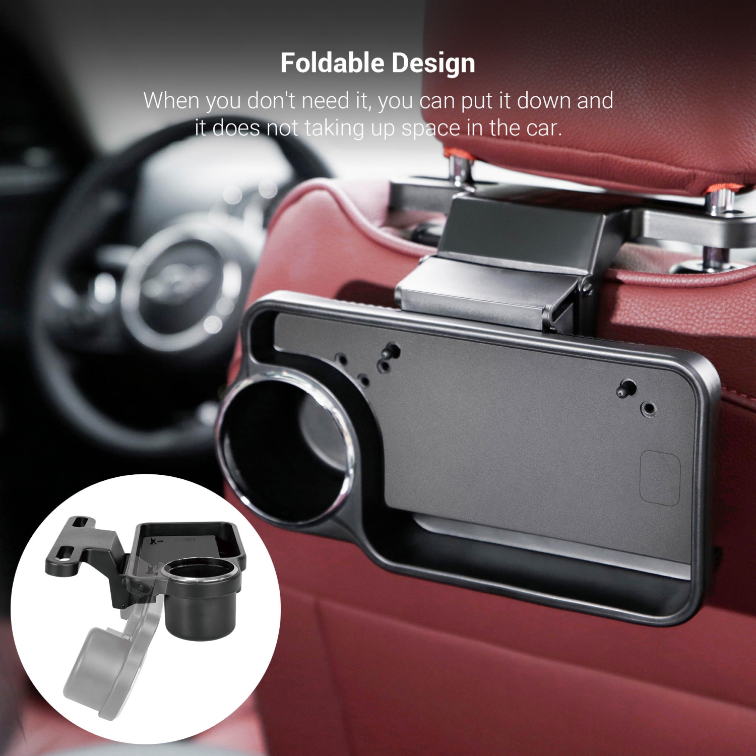 Plateau d'appui-tête de voiture pliable multifonction avec porte-gobelet pour nourriture, collations, clés, téléphone, noir - PrimeCables®