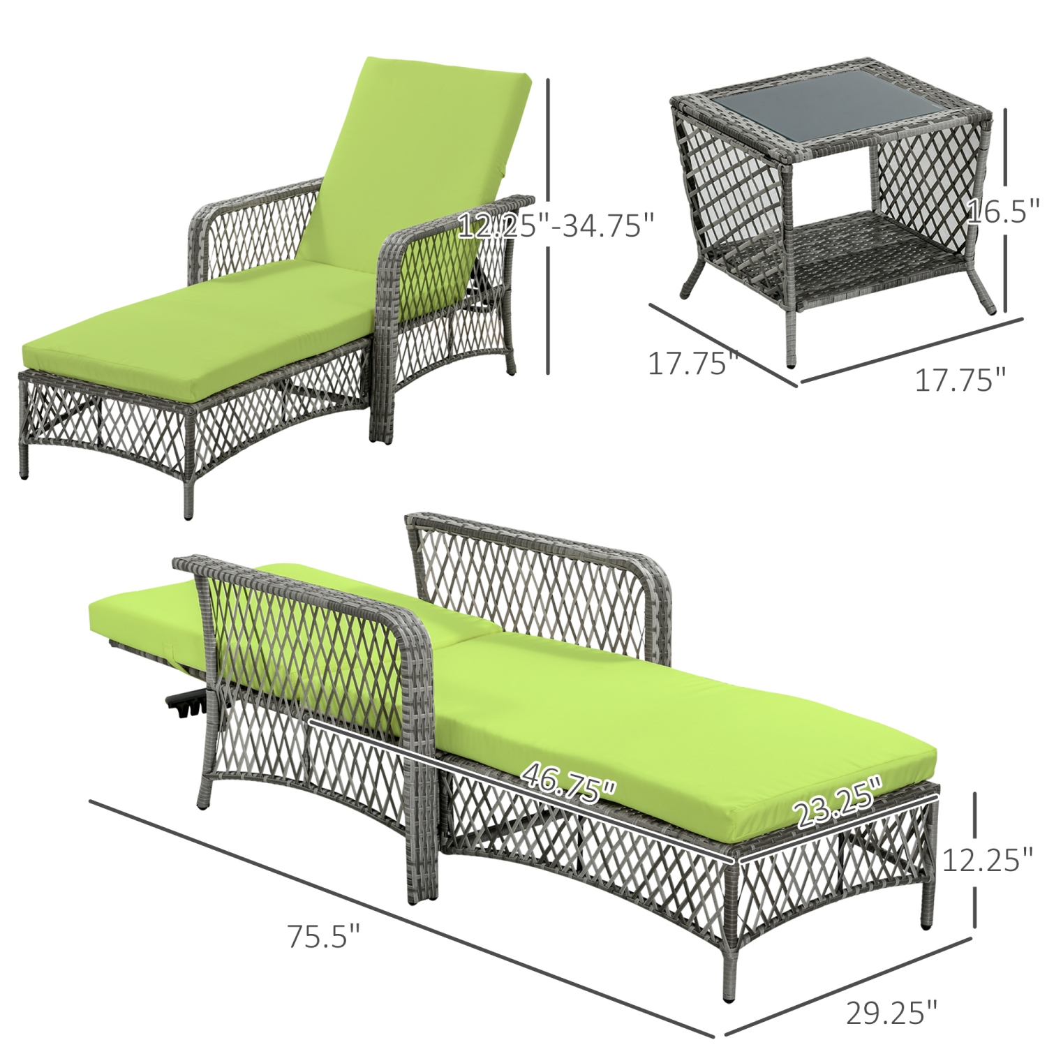 Outsunny 2 Pieces Wicker Patio Lounge Set w/ Cushions, Outdoor PE Rattan Sun Lounger Sets w/ 5-Level Reclining Chaise Chair & Two-tier Glass Top