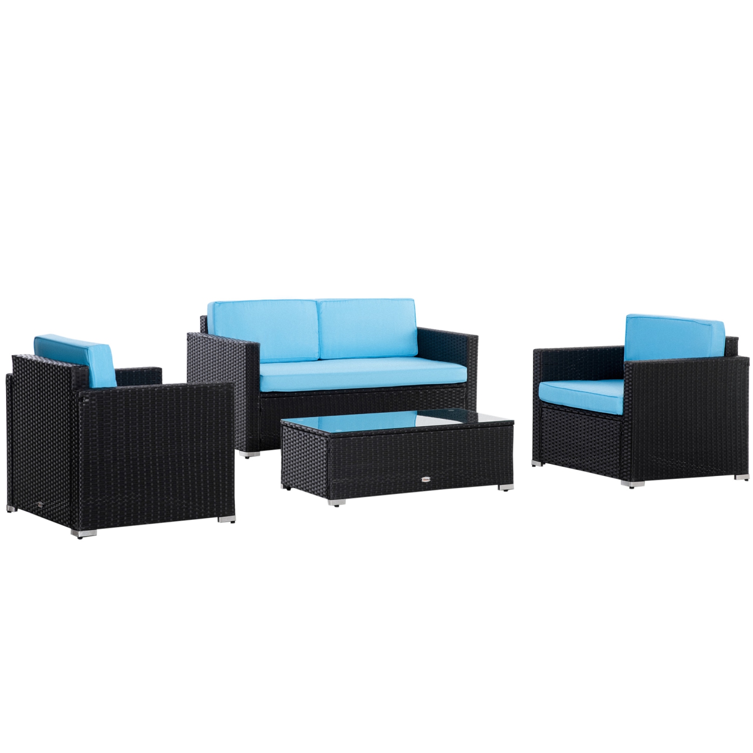 Outsunny 4 Pieces Wicker Patio Furniture Set with Thick Cushions, Outdoor PE Rattan Conversation Sofa Set with Glass Top Table & Extra Wide Seat, Sky