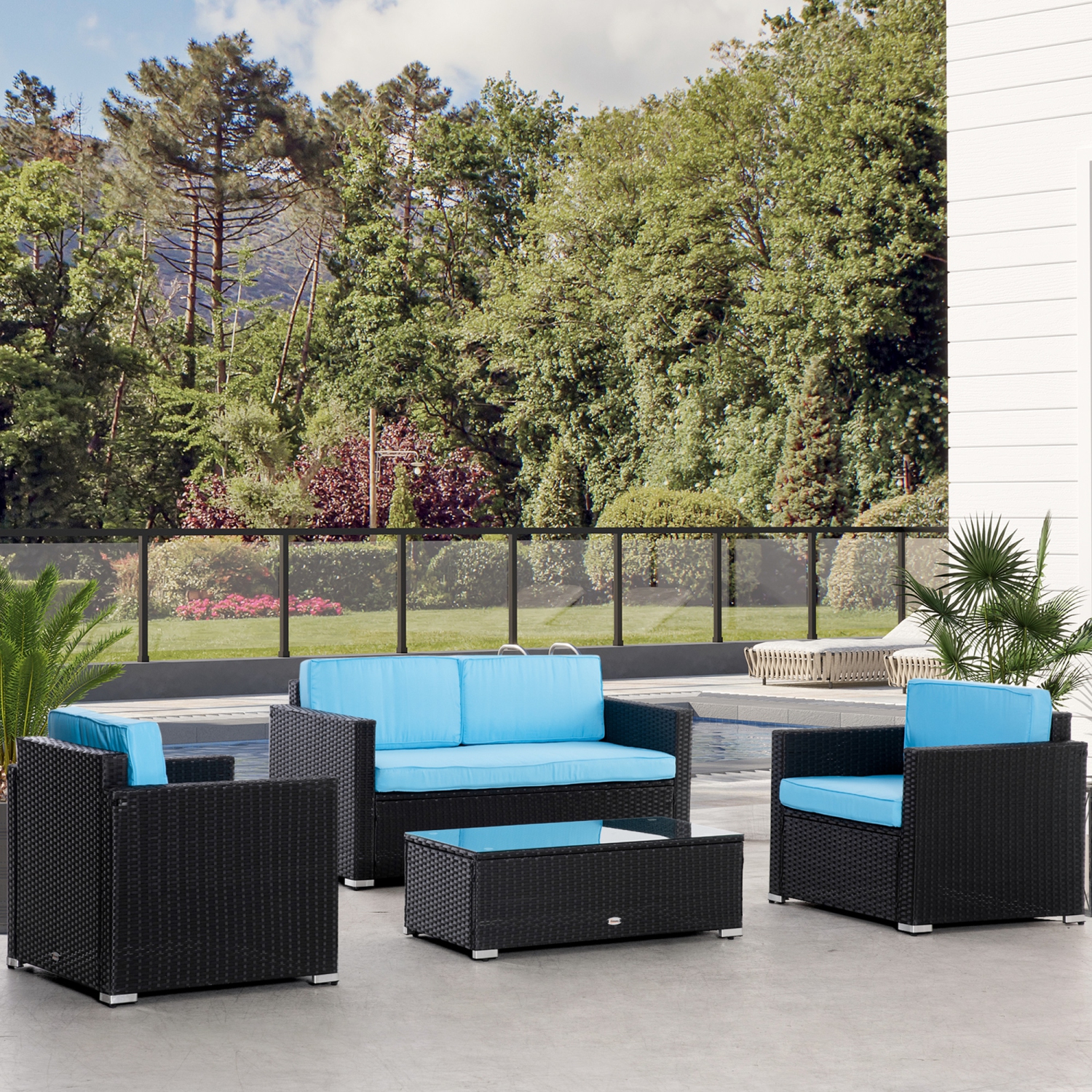 Outsunny 4 Pieces Wicker Patio Furniture Set with Thick Cushions, Outdoor PE Rattan Conversation Sofa Set with Glass Top Table & Extra Wide Seat, Sky