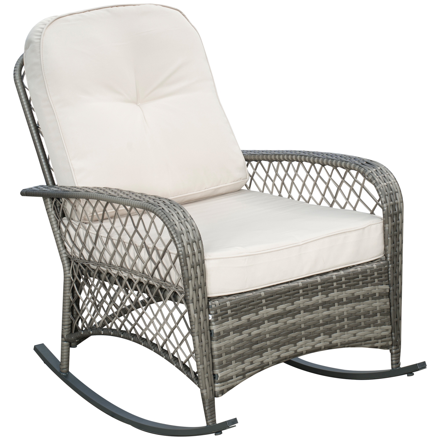 Chaise berçante en rotin Outsunny, chaise berçante de patio en osier avec coussins épais, pour porche de jardin, kaki