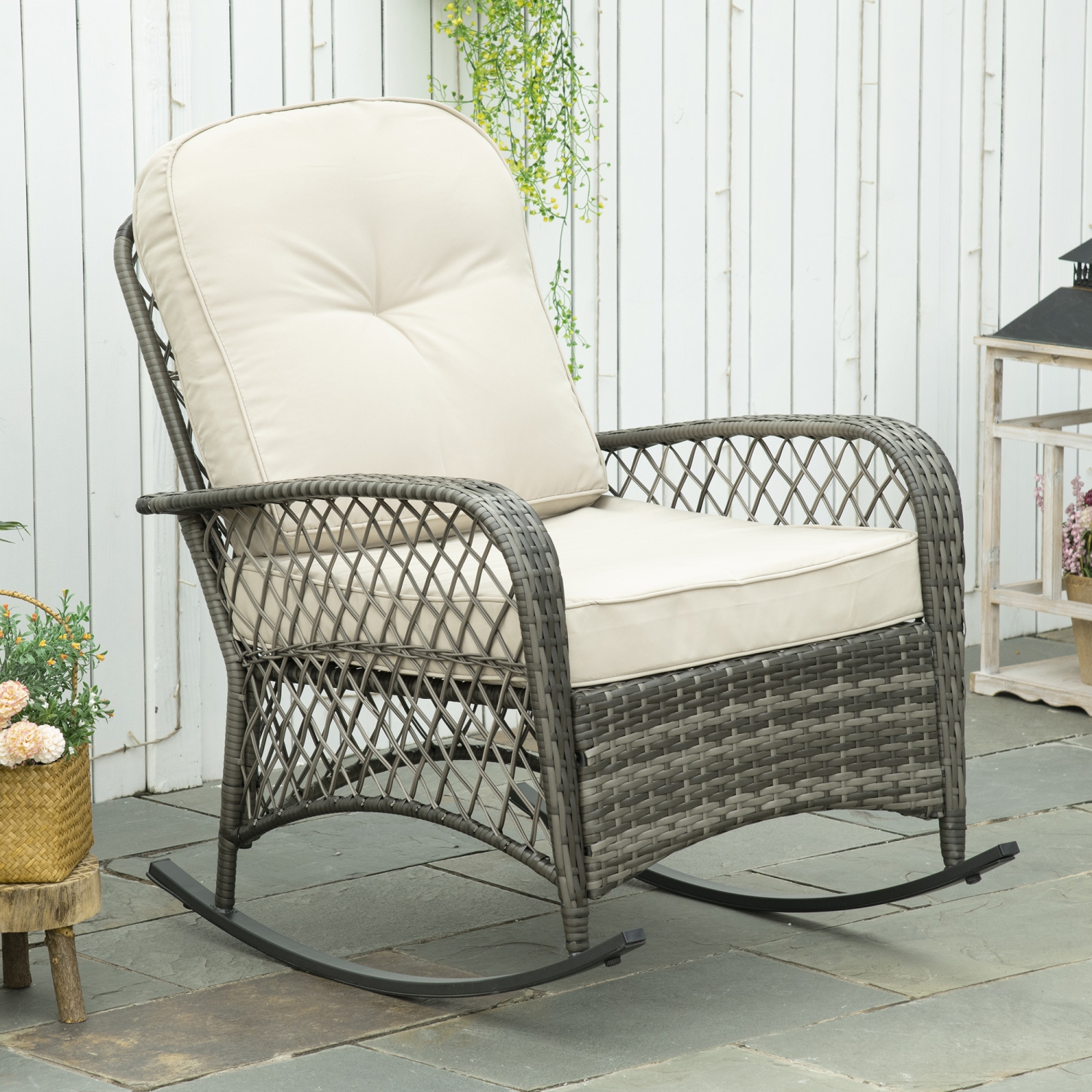 Chaise berçante en rotin Outsunny, chaise berçante de patio en osier avec coussins épais, pour porche de jardin, kaki