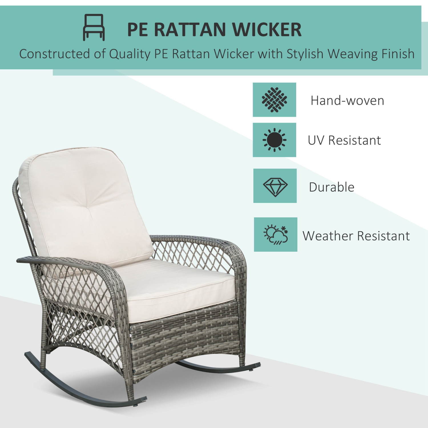 Chaise berçante en rotin Outsunny, chaise berçante de patio en osier avec coussins épais, pour porche de jardin, kaki
