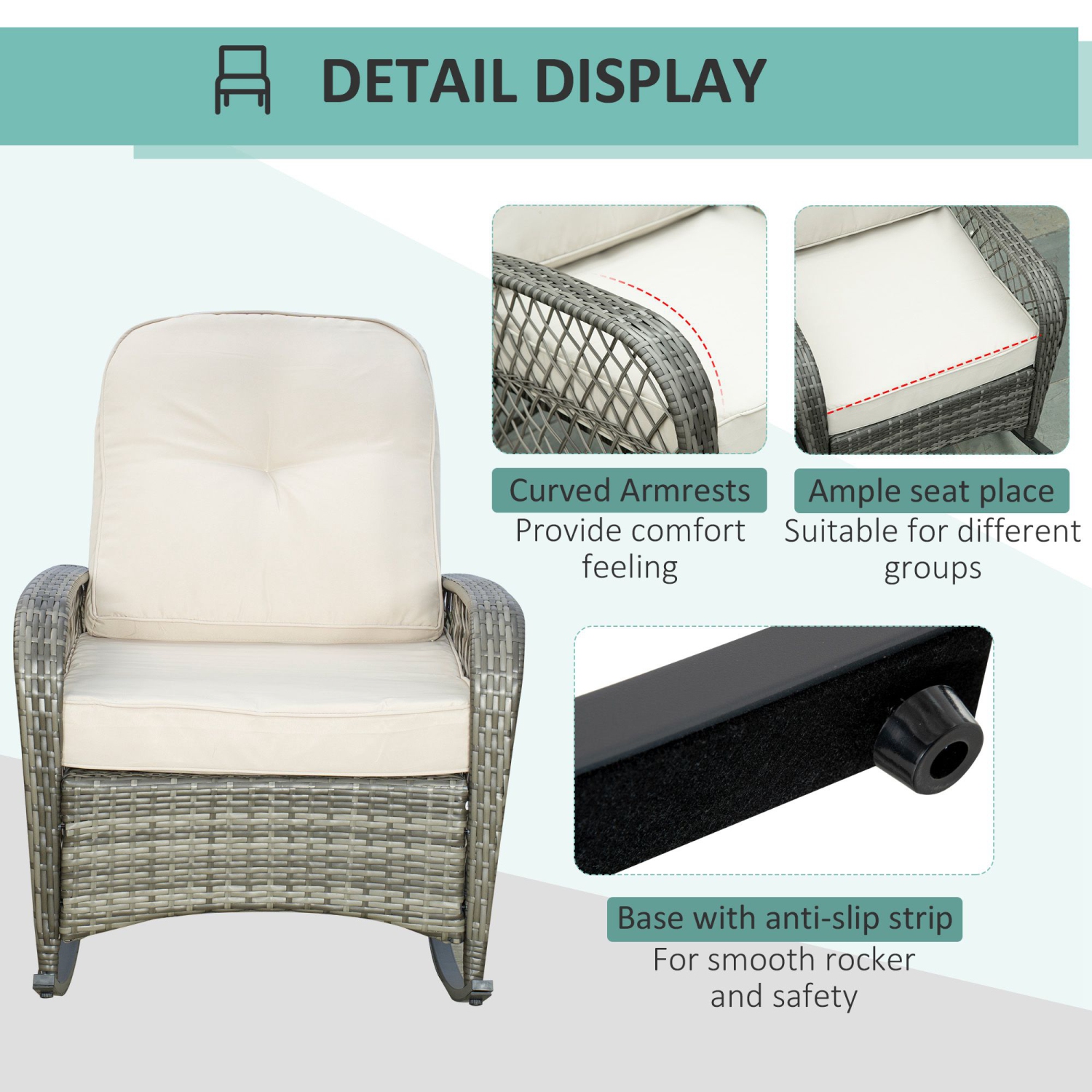 Chaise berçante en rotin Outsunny, chaise berçante de patio en osier avec coussins épais, pour porche de jardin, kaki