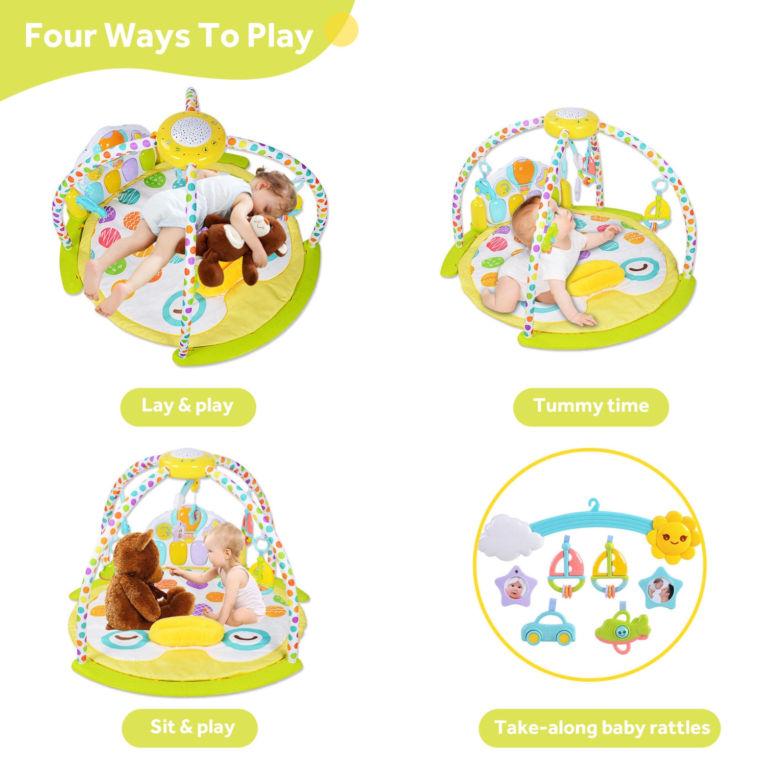 5 in 1 Baby Activity Gym Playmat, Baby Kick & Play Mat with Star Projector, Hanging Toys and Piano, 93 x 91 x 61CM