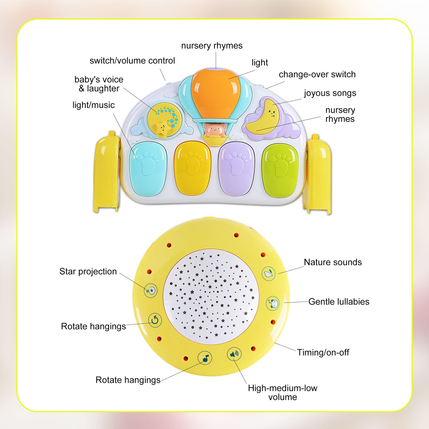 5 in 1 Baby Activity Gym Playmat, Baby Kick & Play Mat with Star Projector, Hanging Toys and Piano, 93 x 91 x 61CM