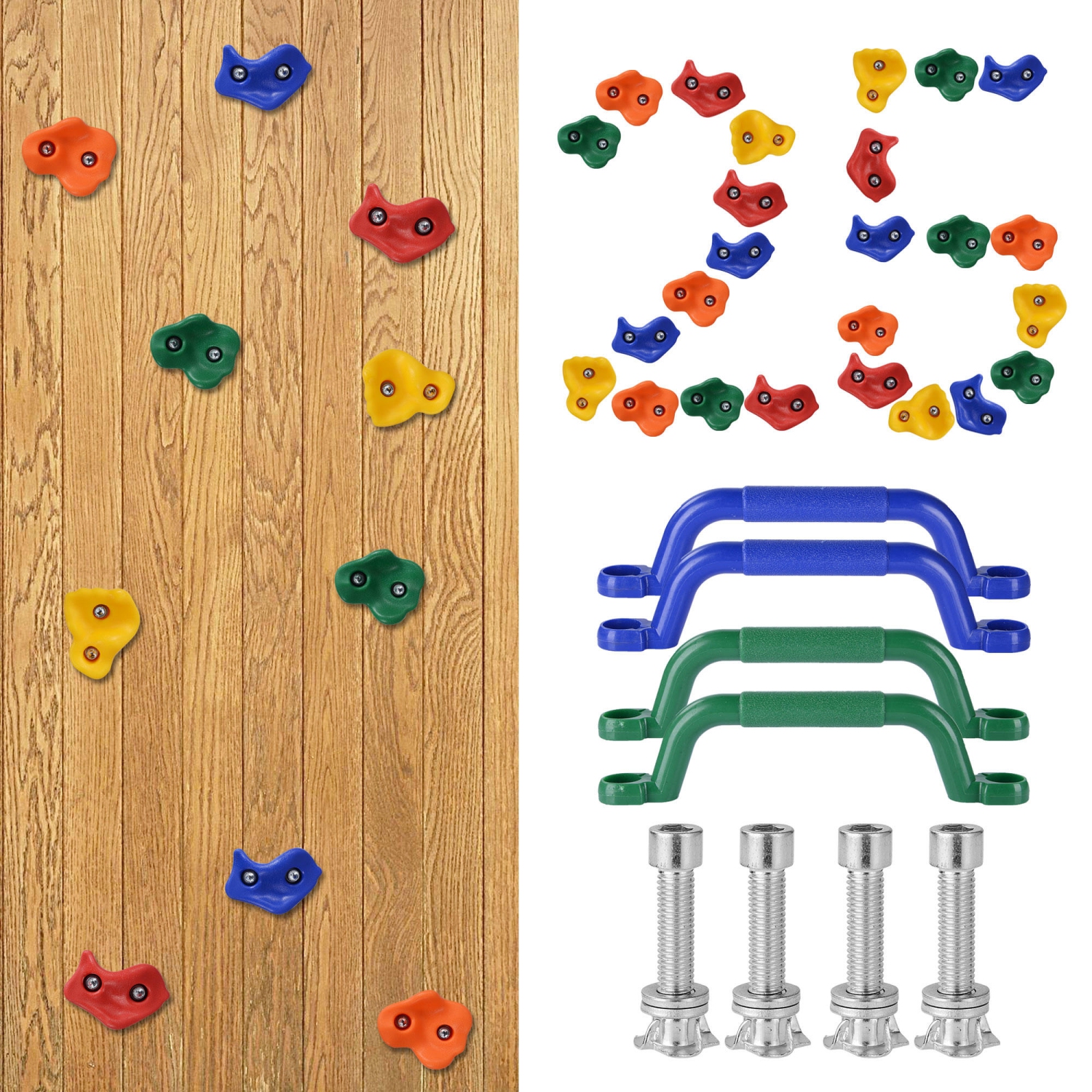 25pcs Rock Climbing Holds for Kids, Indoor Outdoor playground DIYs, residential swingset Wall Climbing Kit with 4 Handles- LIVINGbasics®