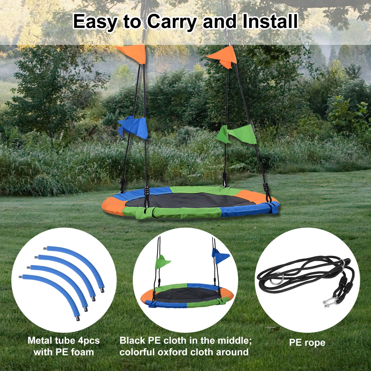 Balançoire d'arbre pour enfants avec corde réglable de 40 po pour pique-nique à la maison en plein air, tissu Oxford 600D - LIVINGbasics®