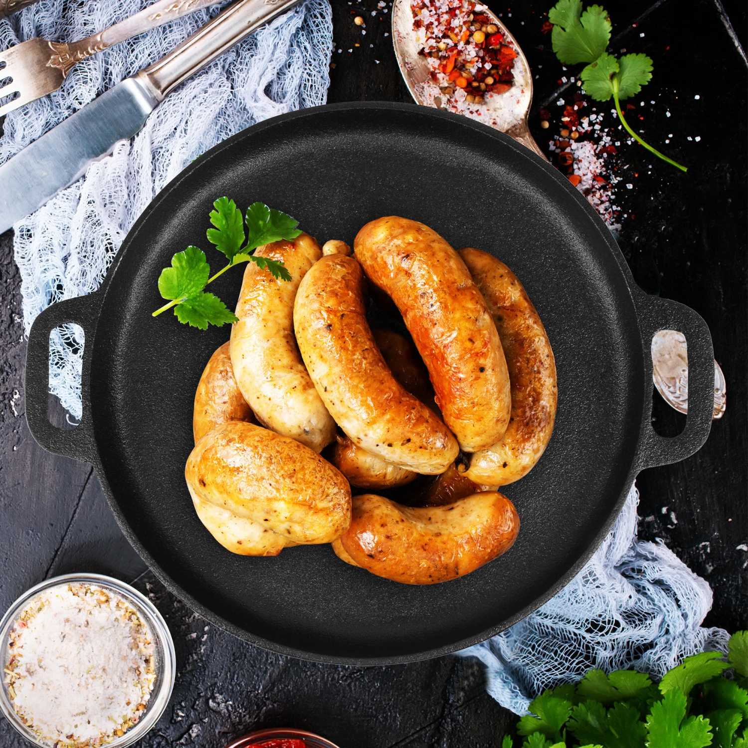 Pizza et plaque de cuisson en fonte pré-assaisonnée de 14 pouces avec poignées pour four, cuisinière, barbecue, noir - LIVINGbasics®