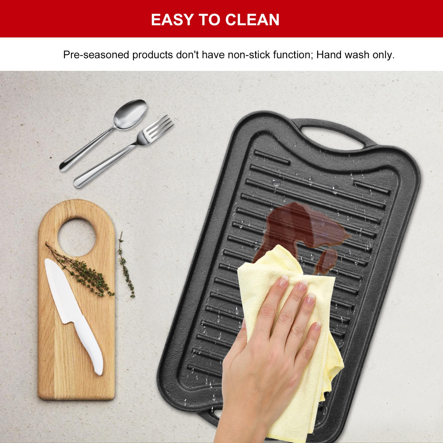 Pre-Seasoned Cast Iron Reversible Grill Pan Reversible Kitchen Griddle Plate with Handles, 16.5" x 9.9" x 0.8"