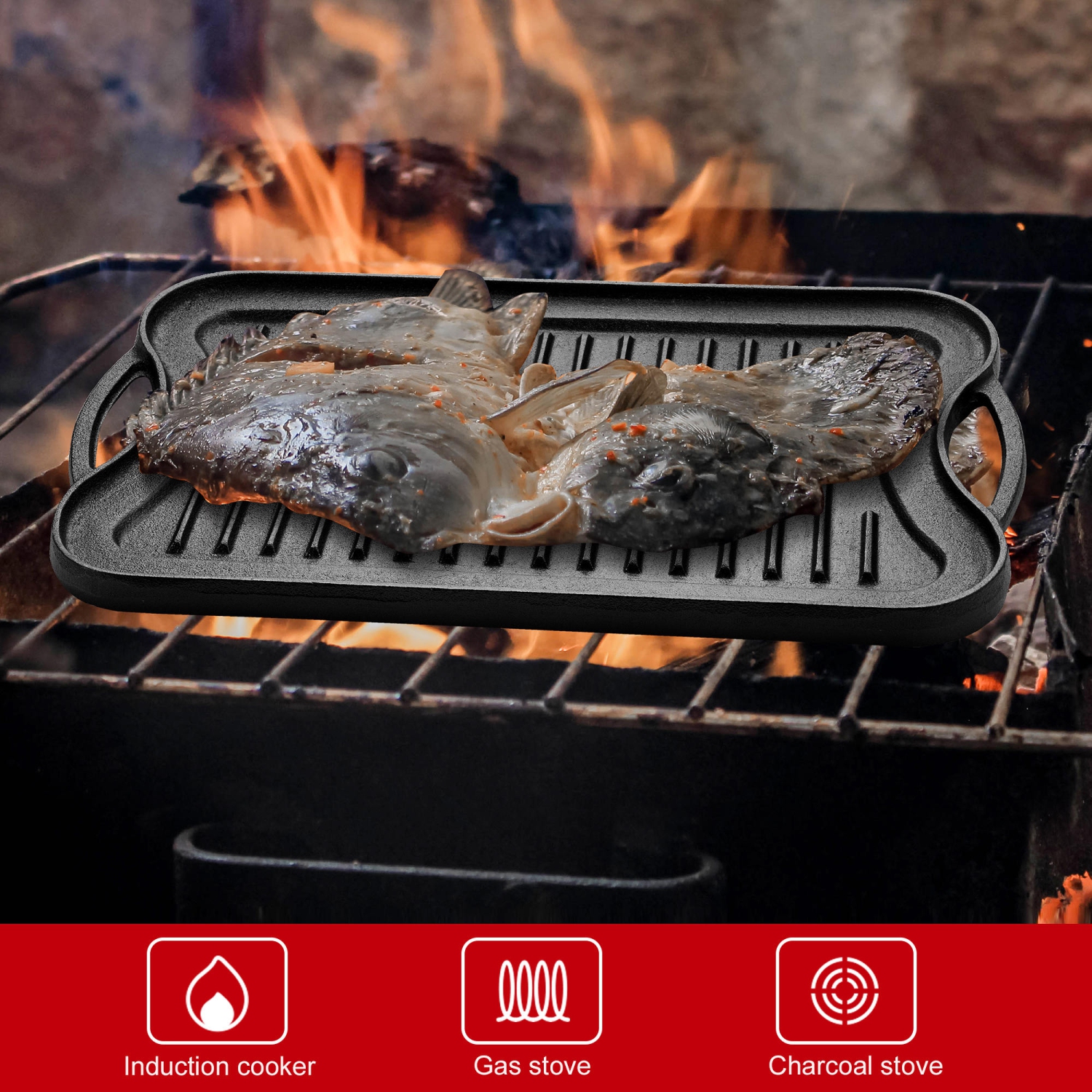 Pre-Seasoned Cast Iron Reversible Grill Pan Reversible Kitchen Griddle Plate with Handles, 16.5" x 9.9" x 0.8"