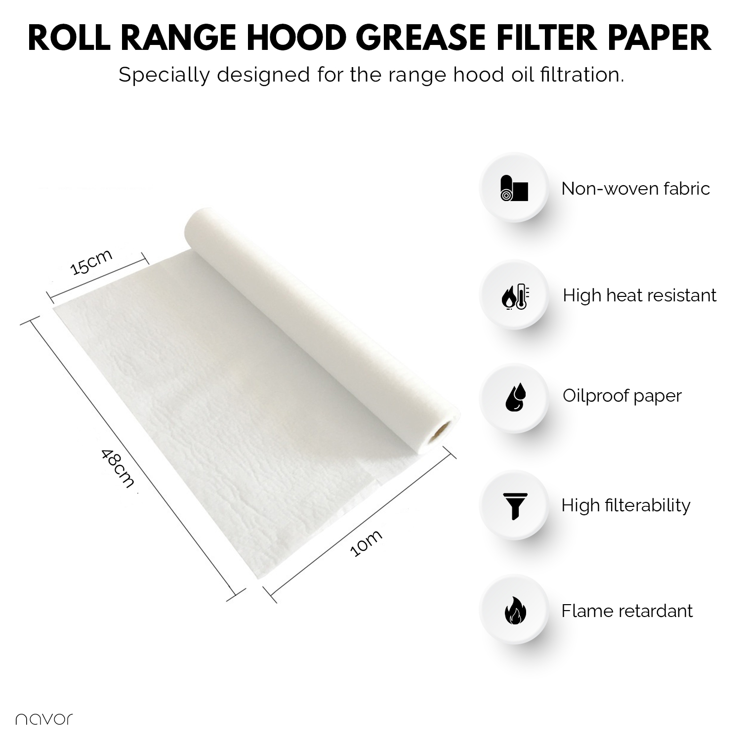 navor 10m Roll Range Hood Filter Paper Nonwoven Fabric Flame Retardant Material Oil Proof Sheets (White)