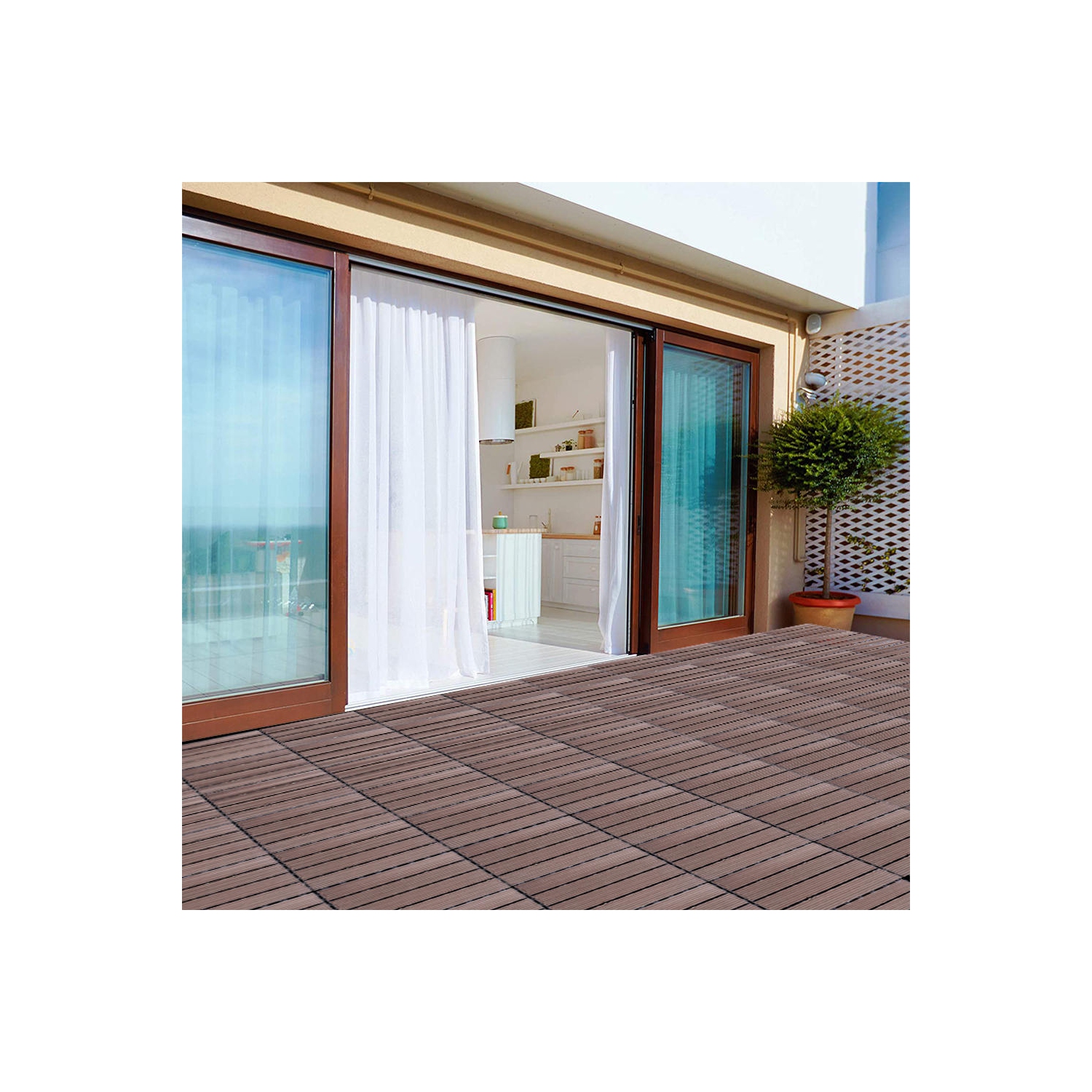 9 Pack Garden Balcony Deck Tiles, 12"x12" Wood Plastic Composite Patio Decking with 4-Slat Pattern Outdoor Flooring Decking for Patio Garden Porch