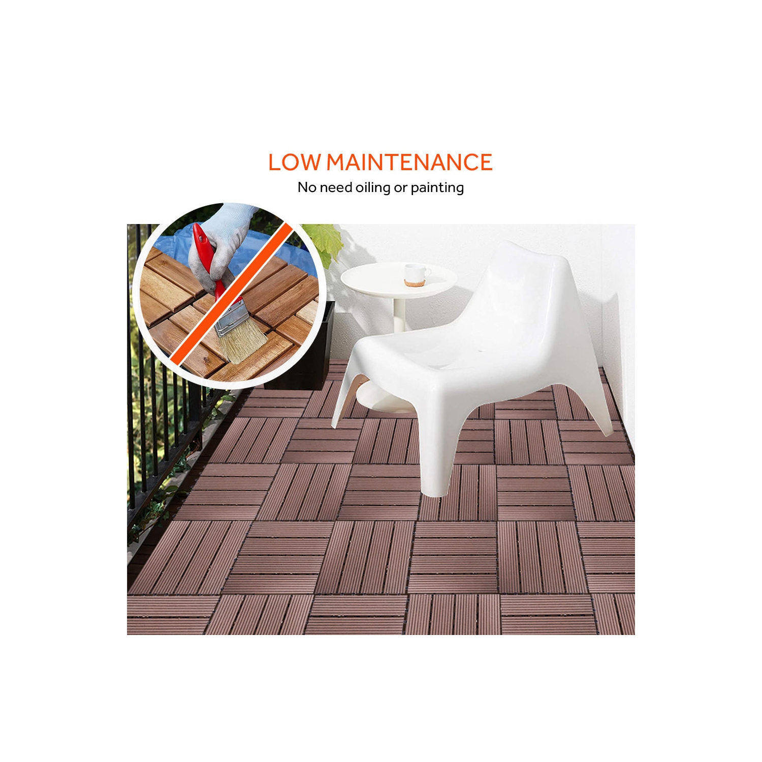 9 Pack Garden Balcony Deck Tiles, 12"x12" Wood Plastic Composite Patio Decking with 4-Slat Pattern Outdoor Flooring Decking for Patio Garden Porch