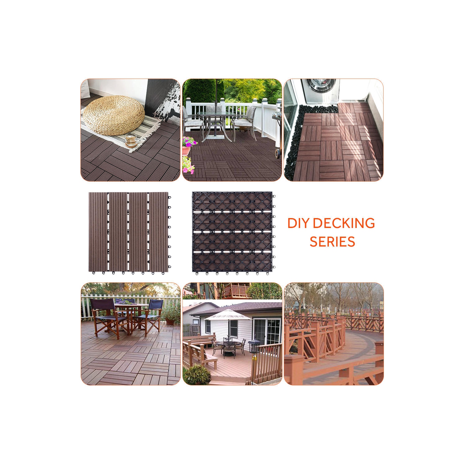 9 Pack Garden Balcony Deck Tiles, 12"x12" Wood Plastic Composite Patio Decking with 4-Slat Pattern Outdoor Flooring Decking for Patio Garden Porch