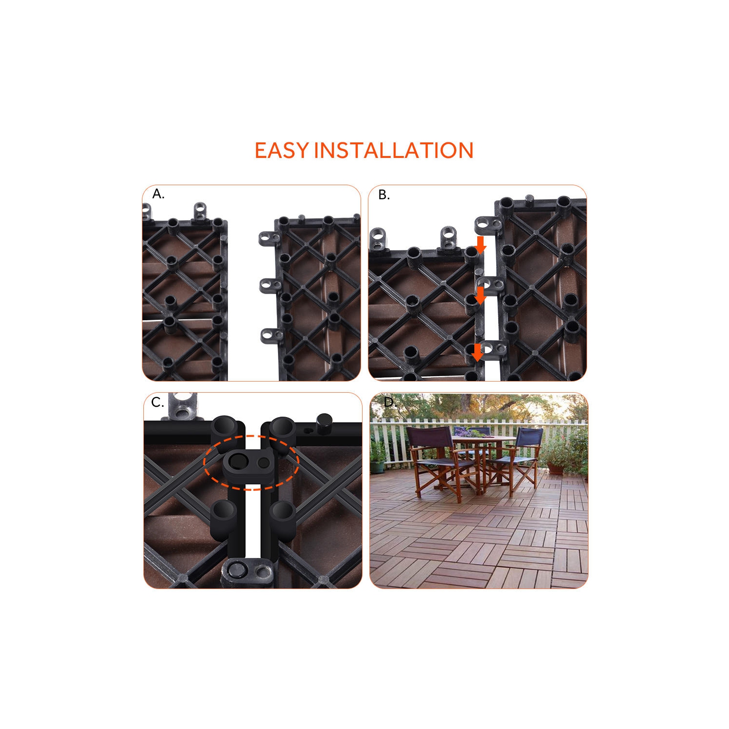 9 Pack Garden Balcony Deck Tiles, 12"x12" Wood Plastic Composite Patio Decking with 4-Slat Pattern Outdoor Flooring Decking for Patio Garden Porch