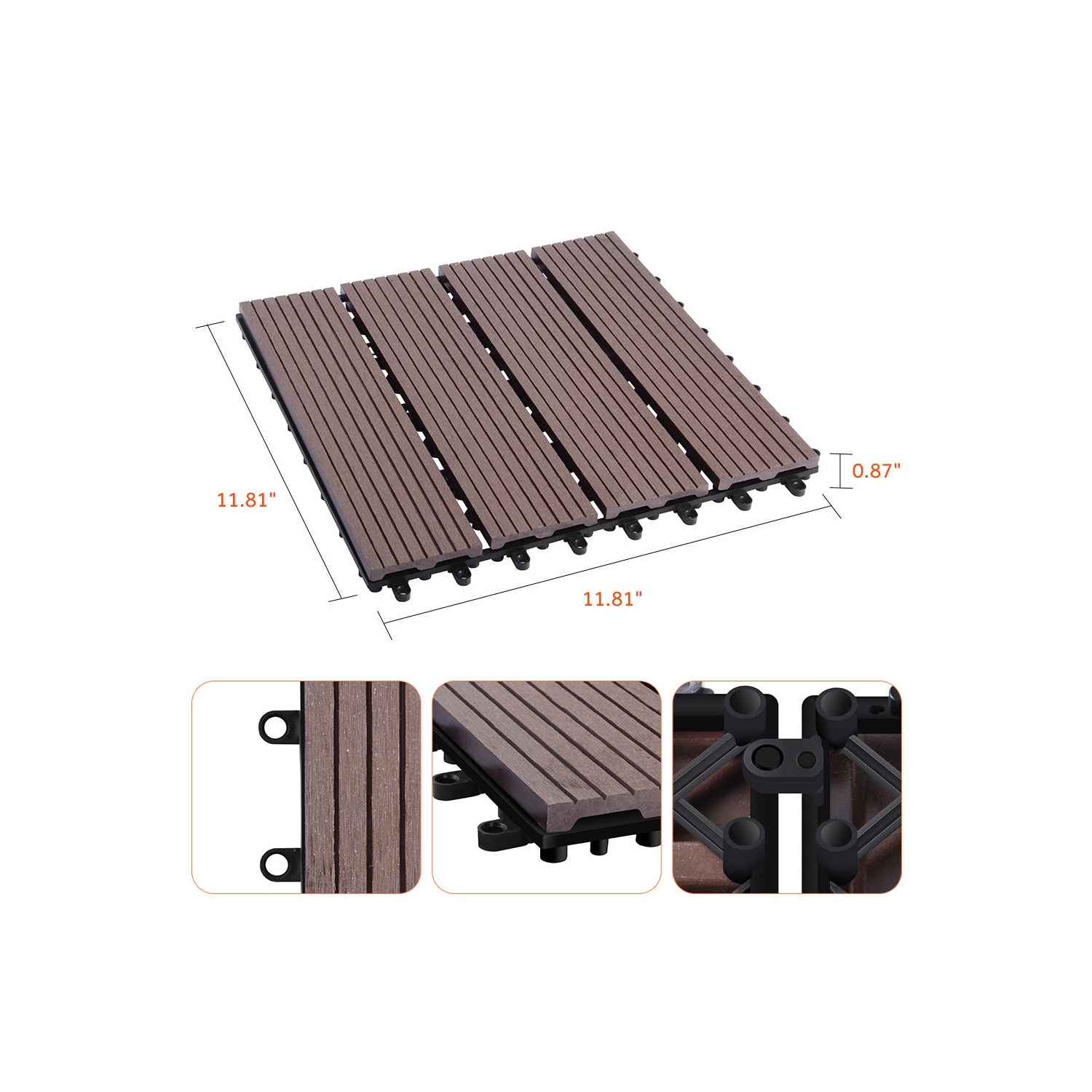 9 Pack Garden Balcony Deck Tiles, 12"x12" Wood Plastic Composite Patio Decking with 4-Slat Pattern Outdoor Flooring Decking for Patio Garden Porch