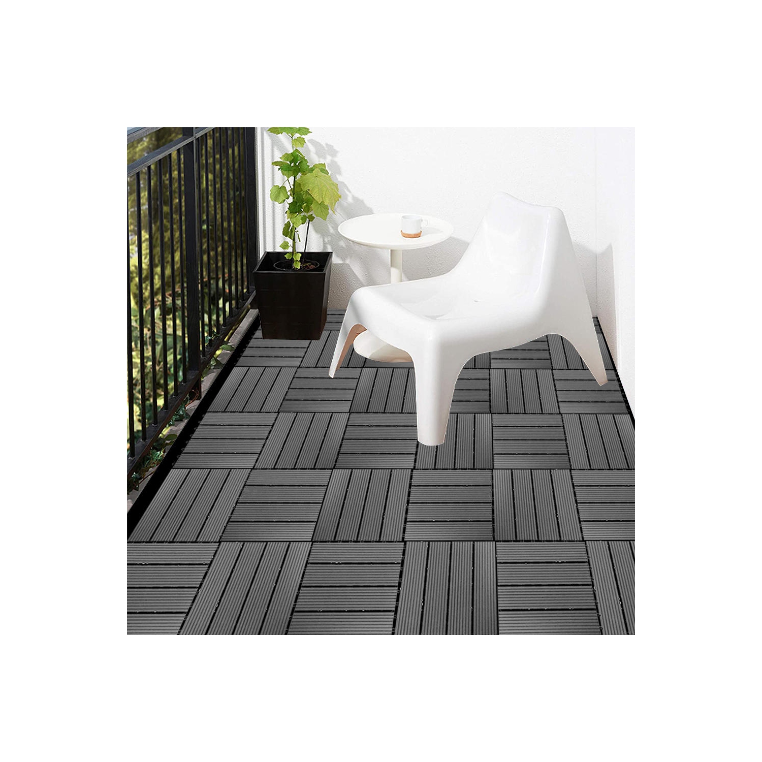 9 Pack Garden Balcony Deck Tiles, 12"x12" Wood Plastic Composite Patio Decking with 4-Slat Pattern Outdoor Flooring Decking for Patio Garden Porch