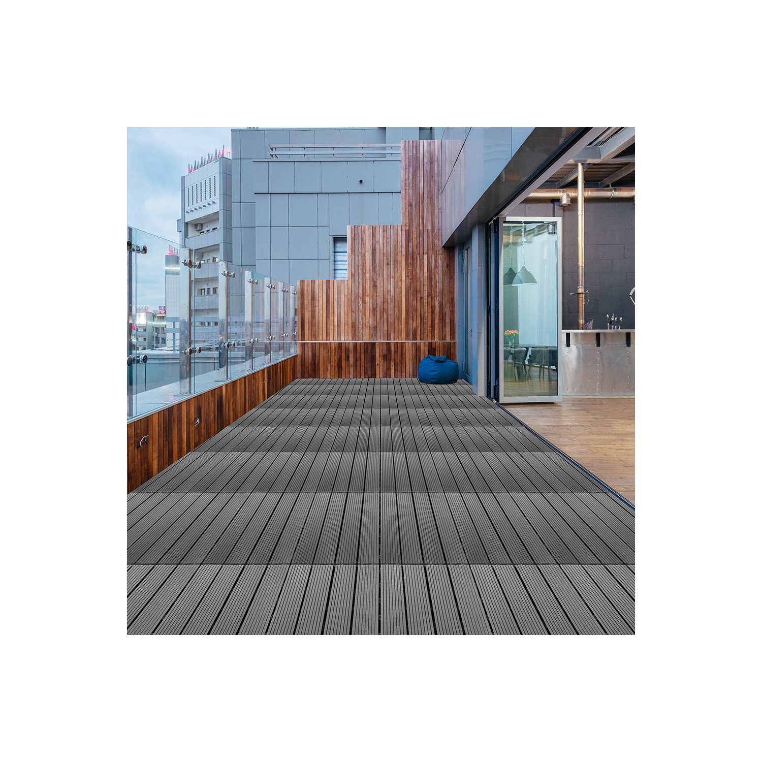 9 Pack Garden Balcony Deck Tiles, 12"x12" Wood Plastic Composite Patio Decking with 4-Slat Pattern Outdoor Flooring Decking for Patio Garden Porch