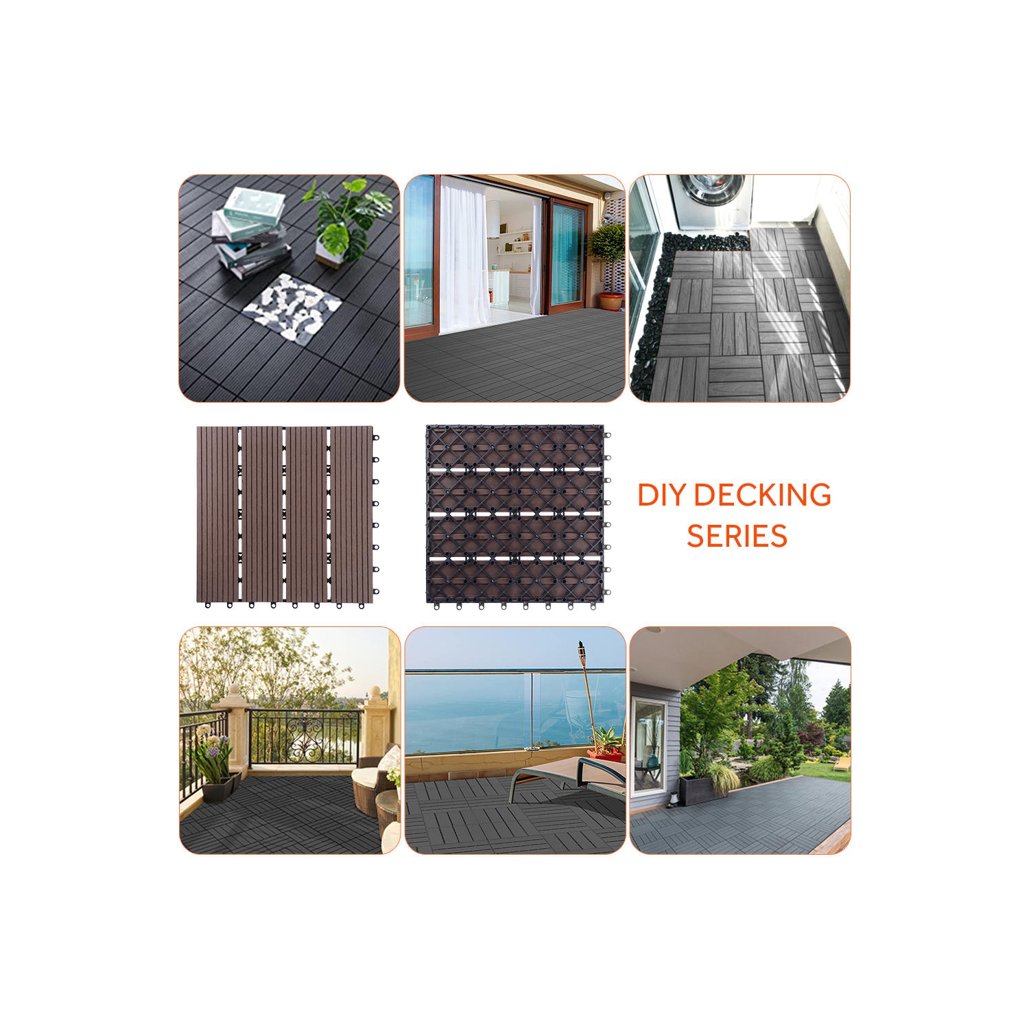 9 Pack Garden Balcony Deck Tiles, 12"x12" Wood Plastic Composite Patio Decking with 4-Slat Pattern Outdoor Flooring Decking for Patio Garden Porch