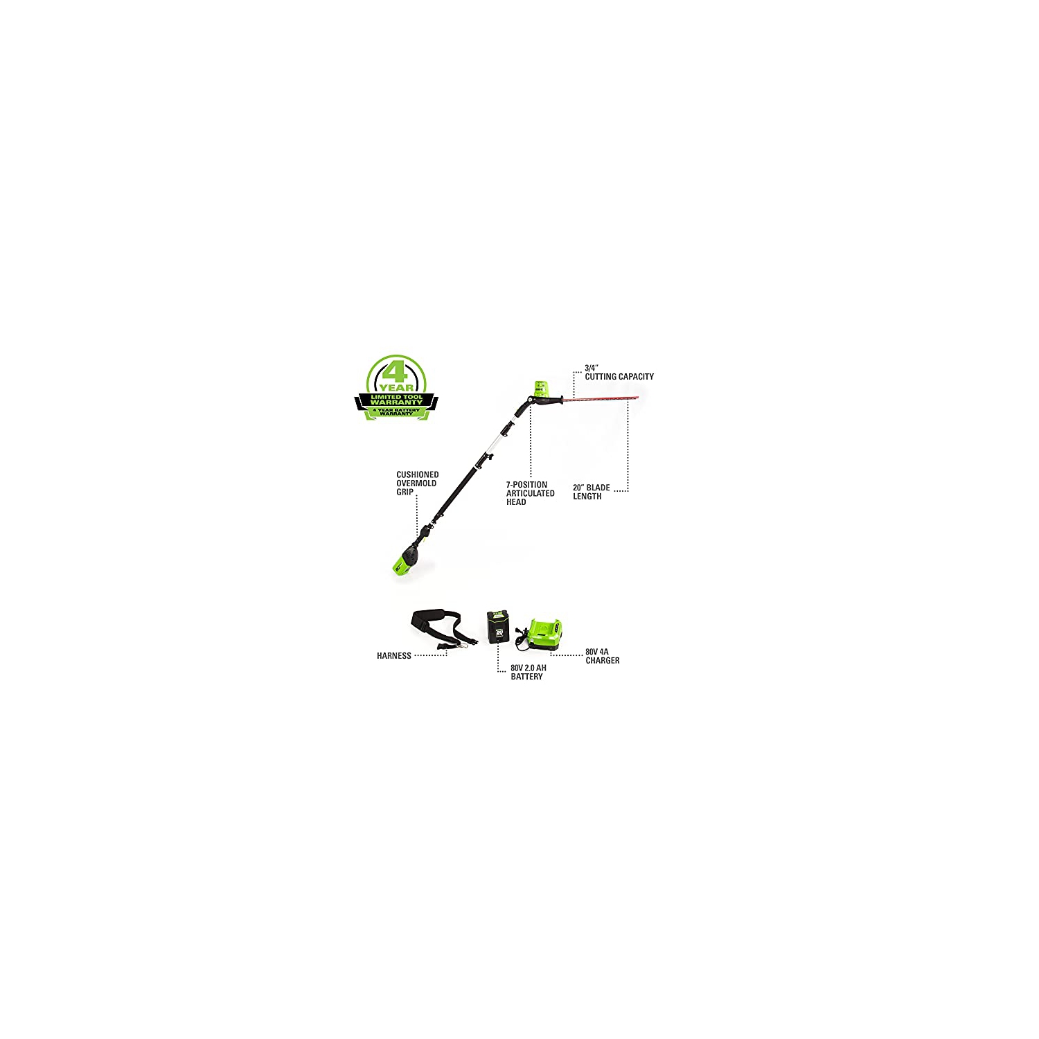 Taille-haie sans fil Greenworks Pro 80 V, 20 po, batterie 2 Ah et chargeur inclus