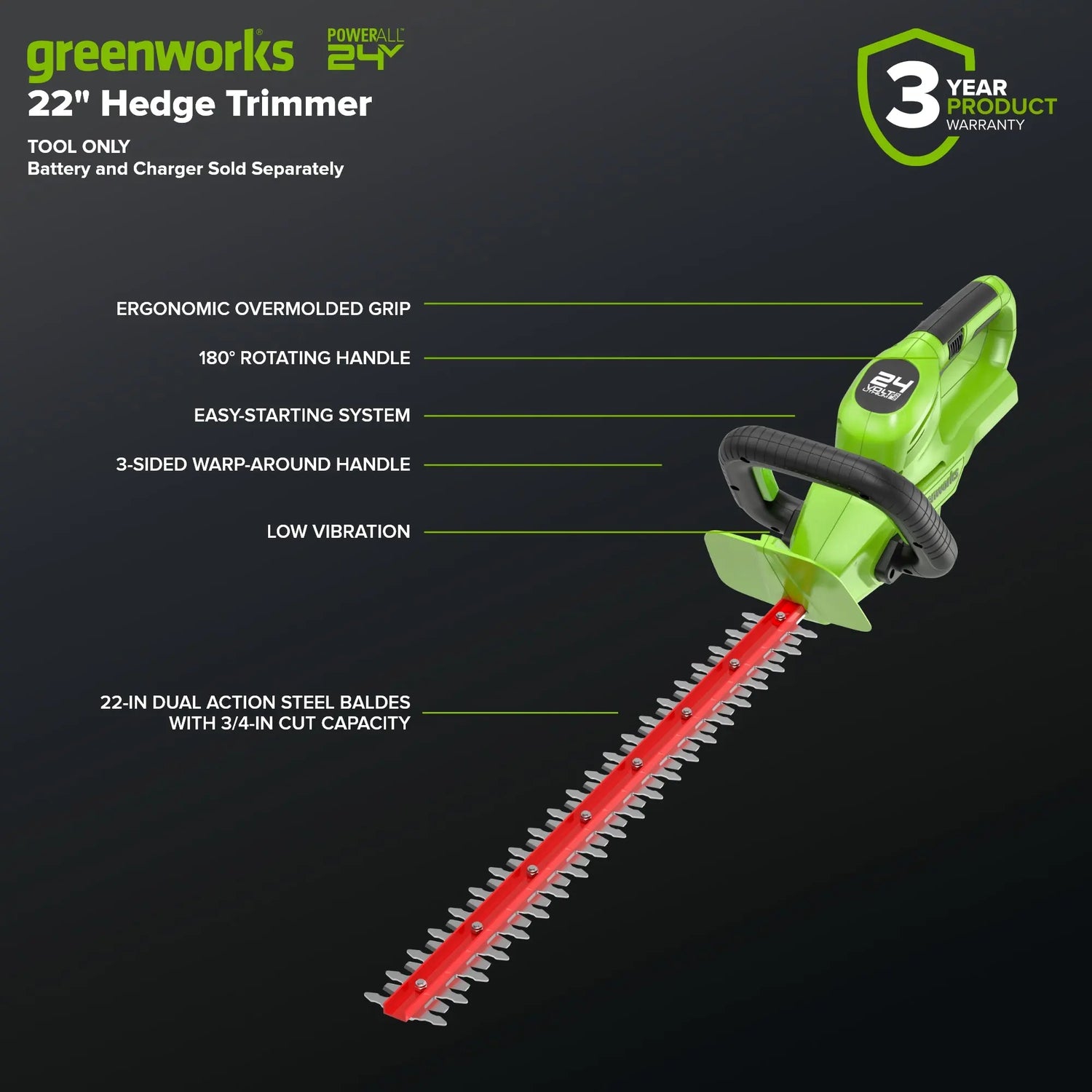 Coupe-haie Greenworks 24&nbsp;V, 22&nbsp;po, outil seulement