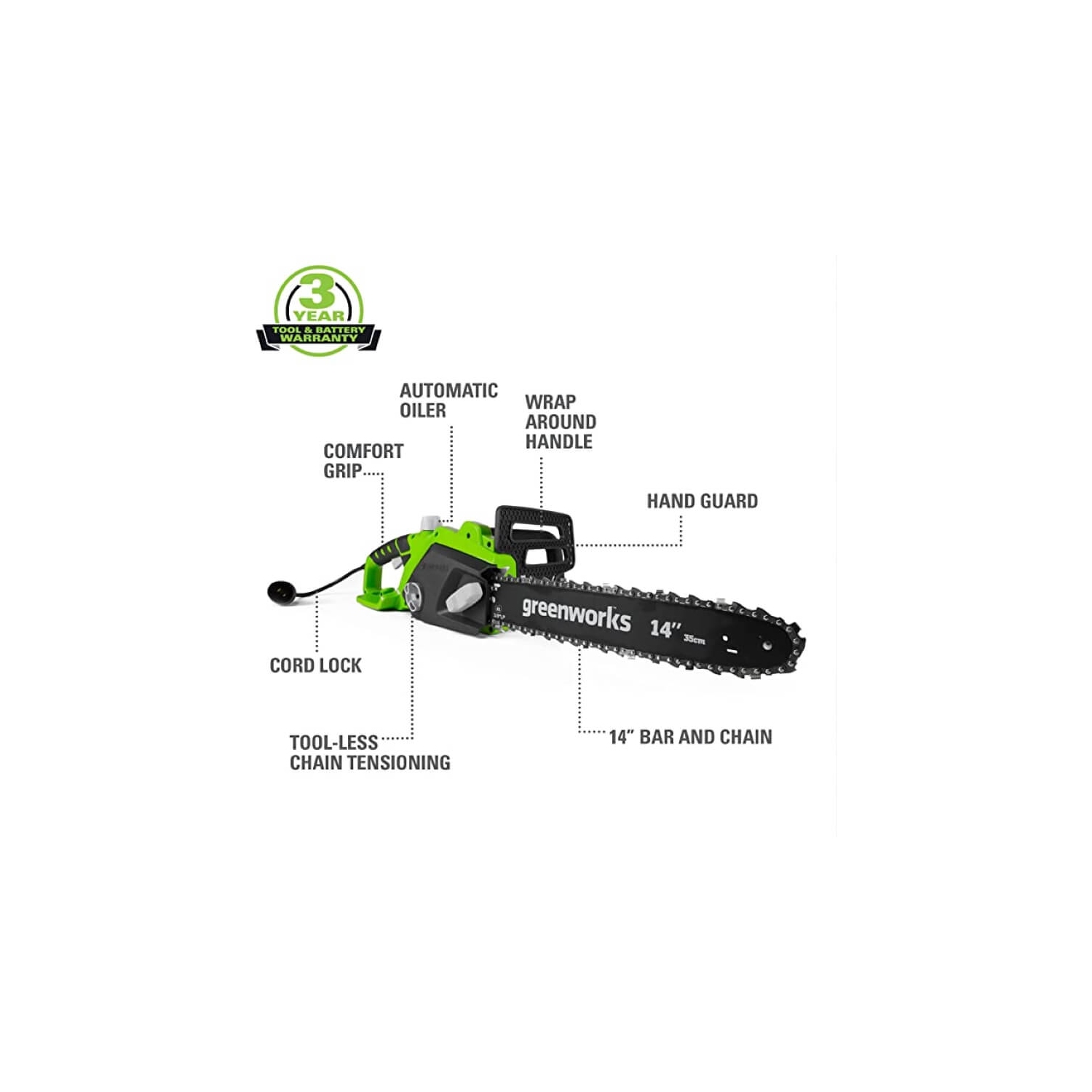 Scie à chaîne à fil Greenworks, 10,5 A, 14 po