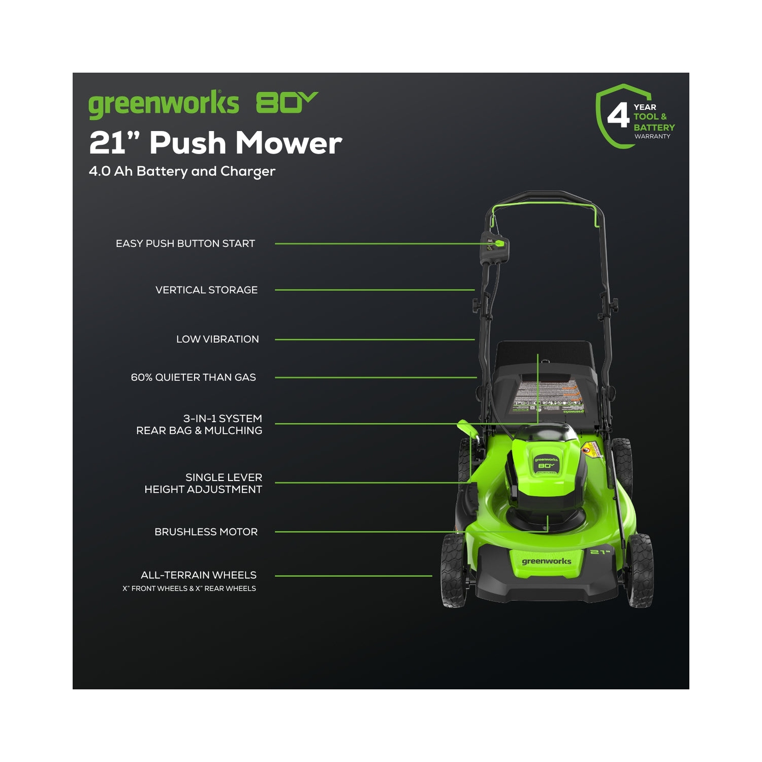 Tondeuse à pousser sans fil sans balais Greenworks 80&nbsp;V, 21 po, batterie 4,0&nbsp;Ah et chargeur inclus [75 outils compatibles et plus]