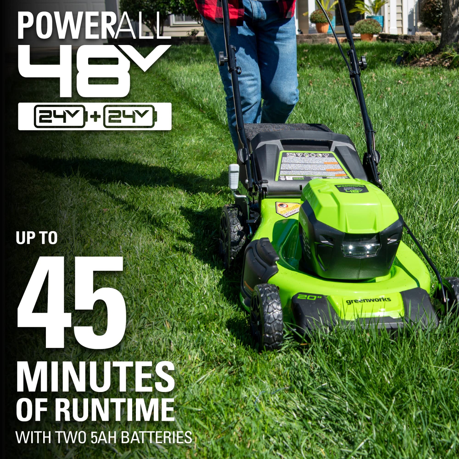 Greenworks 48V 20" Brushless Push Mower, (2) 4Ah USB Batteries and 4A Dual Port Charger