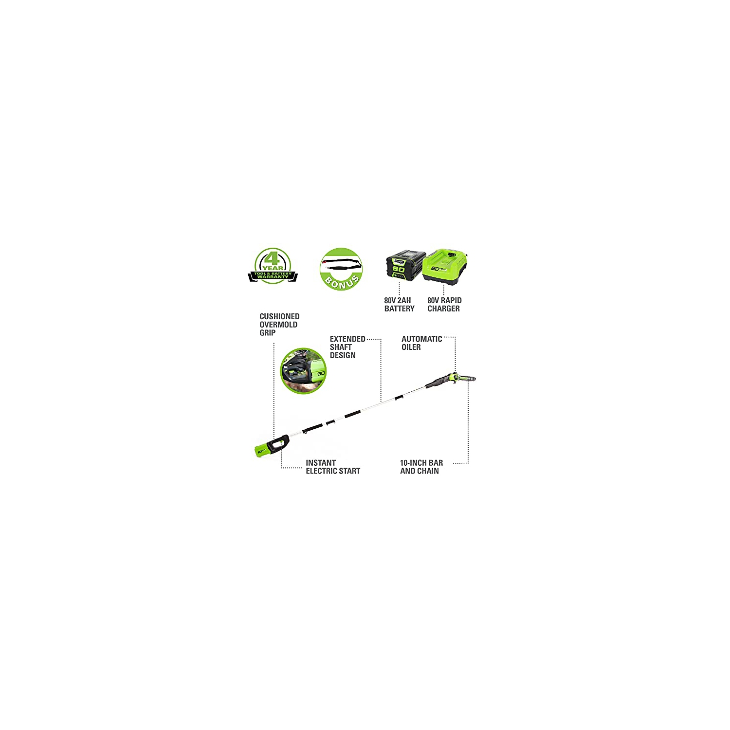 Scie à chaîne sans fil Greenworks Pro 80 V, 10 po, batterie 2 Ah et chargeur inclus PS80L210