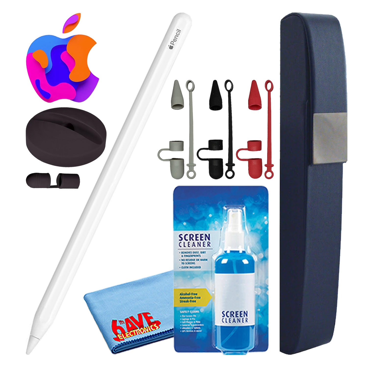 Apple Pencil (2nd Gen) with Covers + Hard Carry Case + Silicone Stand (Black)