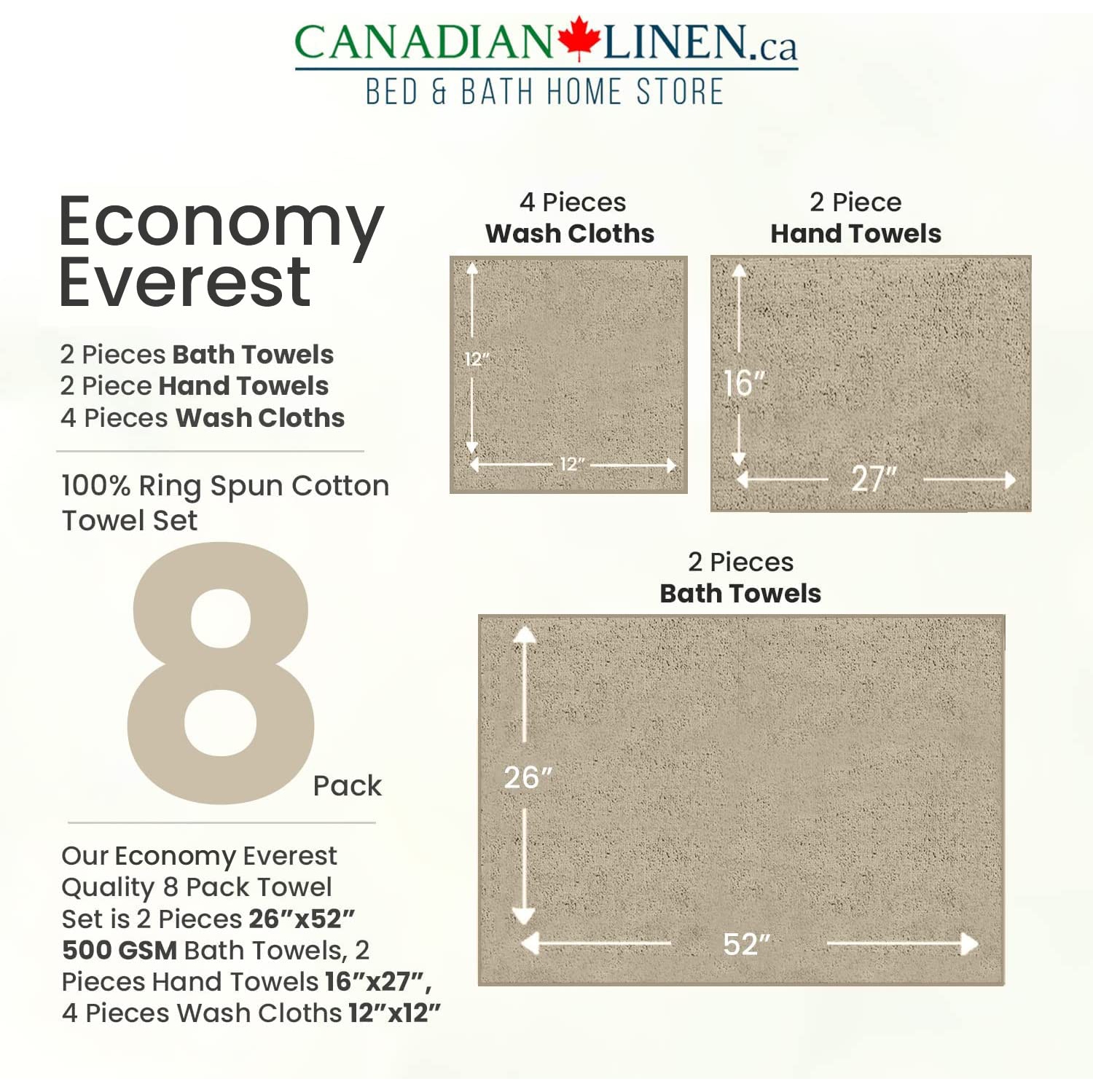 Canadian Linen Beige Economy 8 Pack Bathroom Towel Set 2 26"x52" 500 GSM Bath Towels 2 Hand Towels 4 Washcloths Soft Absorbent Cotton Towel Quick Dry