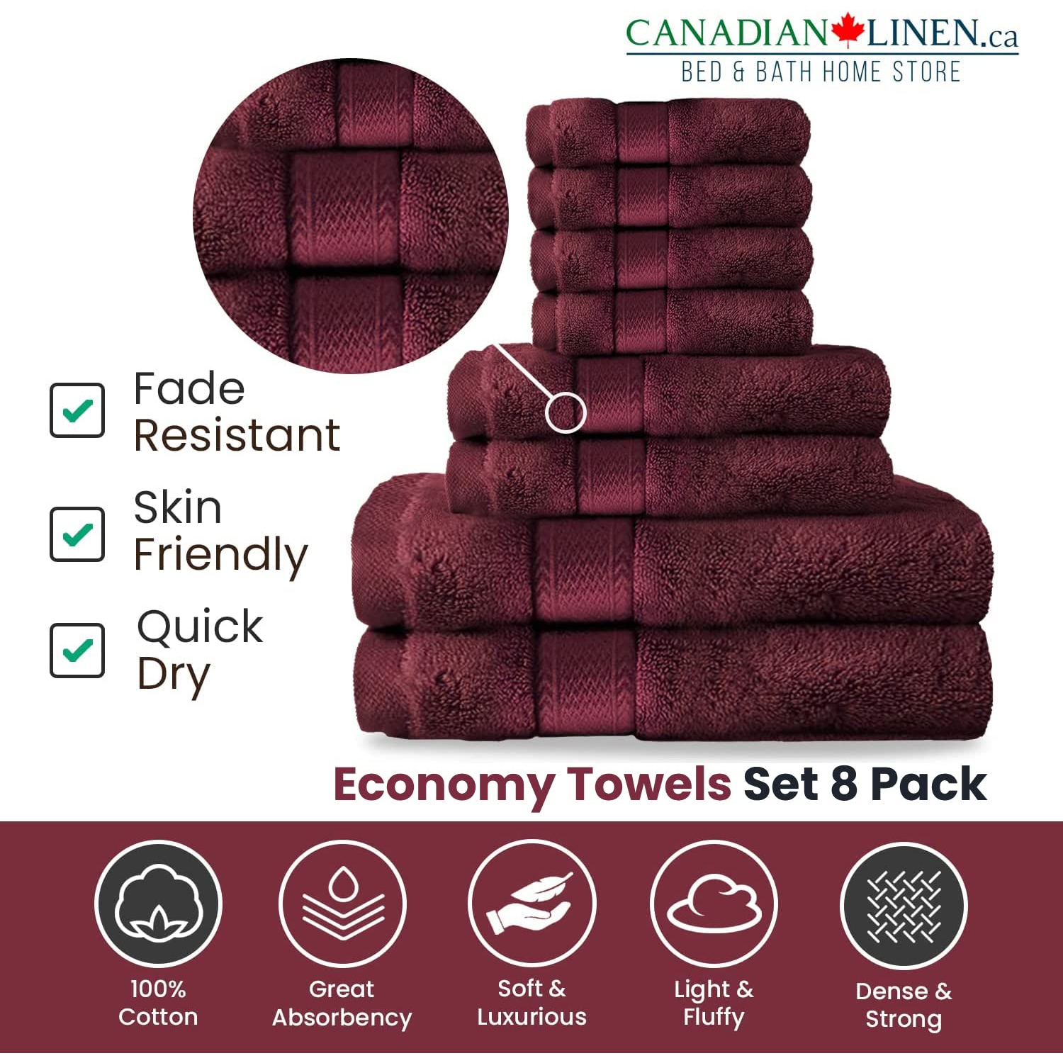 Canadian Linen Red Economy Ensemble de 8 serviettes de bain 2 26 x 52&nbsp;po 500&nbsp;GSM 2 essuie-mains 4 débarbouillettes en coton doux absorbant