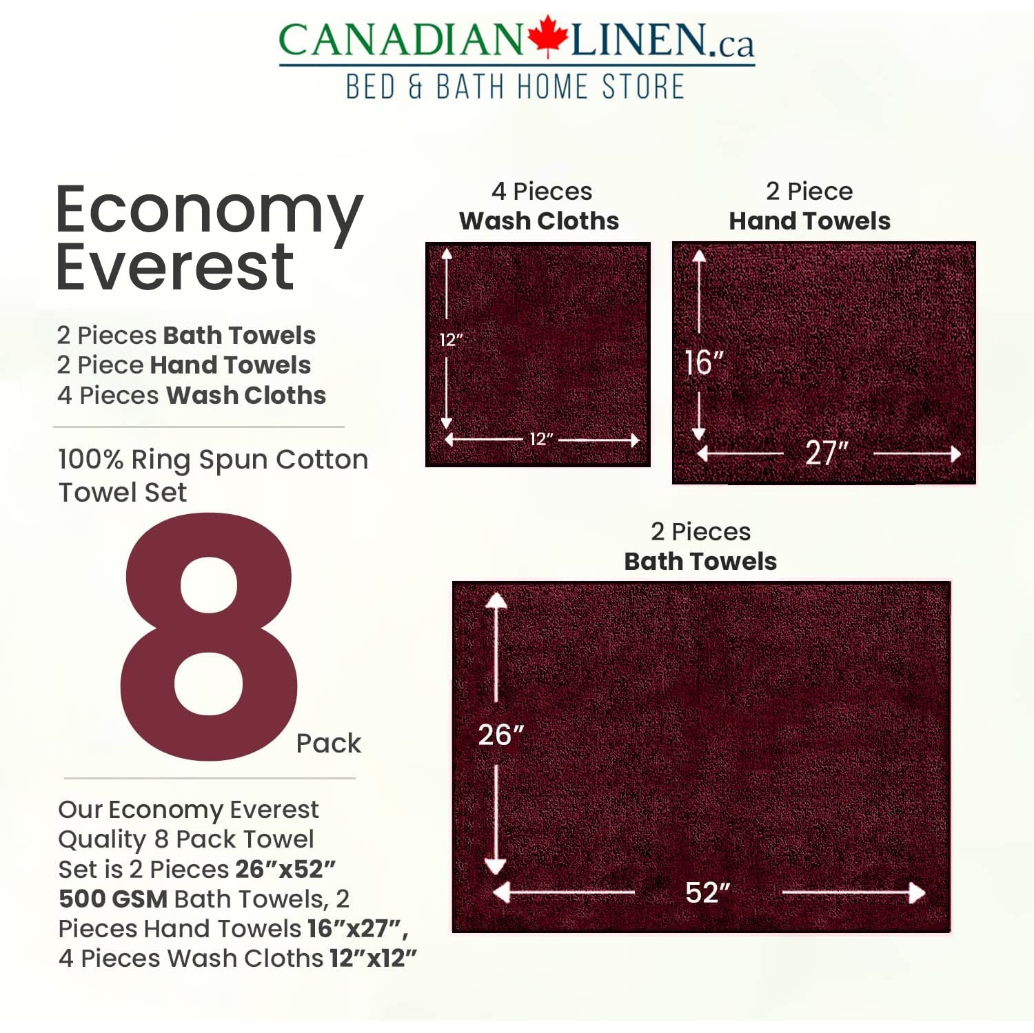 Canadian Linen Red Economy Ensemble de 8 serviettes de bain 2 26 x 52&nbsp;po 500&nbsp;GSM 2 essuie-mains 4 débarbouillettes en coton doux absorbant