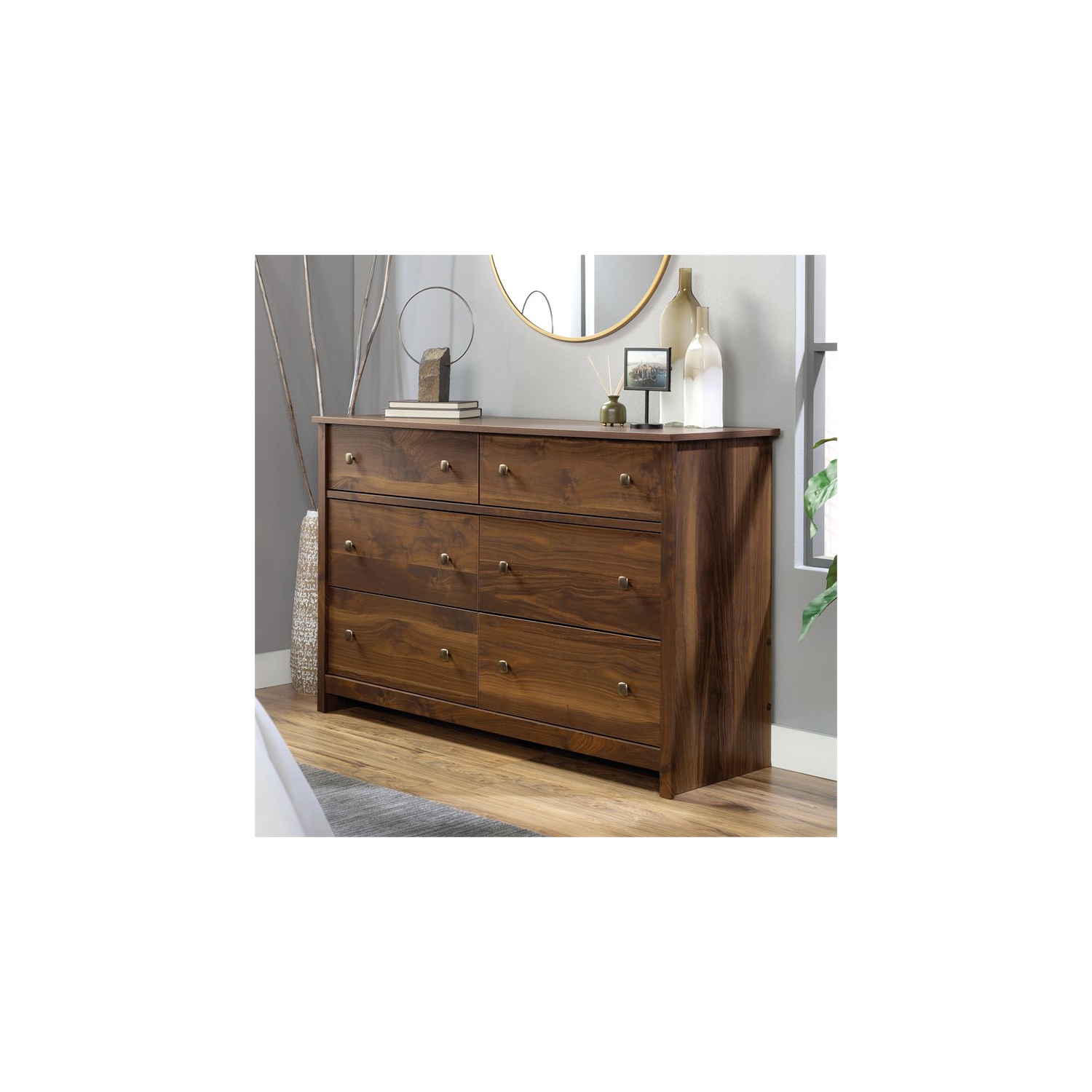 Pemberly Row Contemporary 6 Drawer Wooden Dresser in Grand Walnut